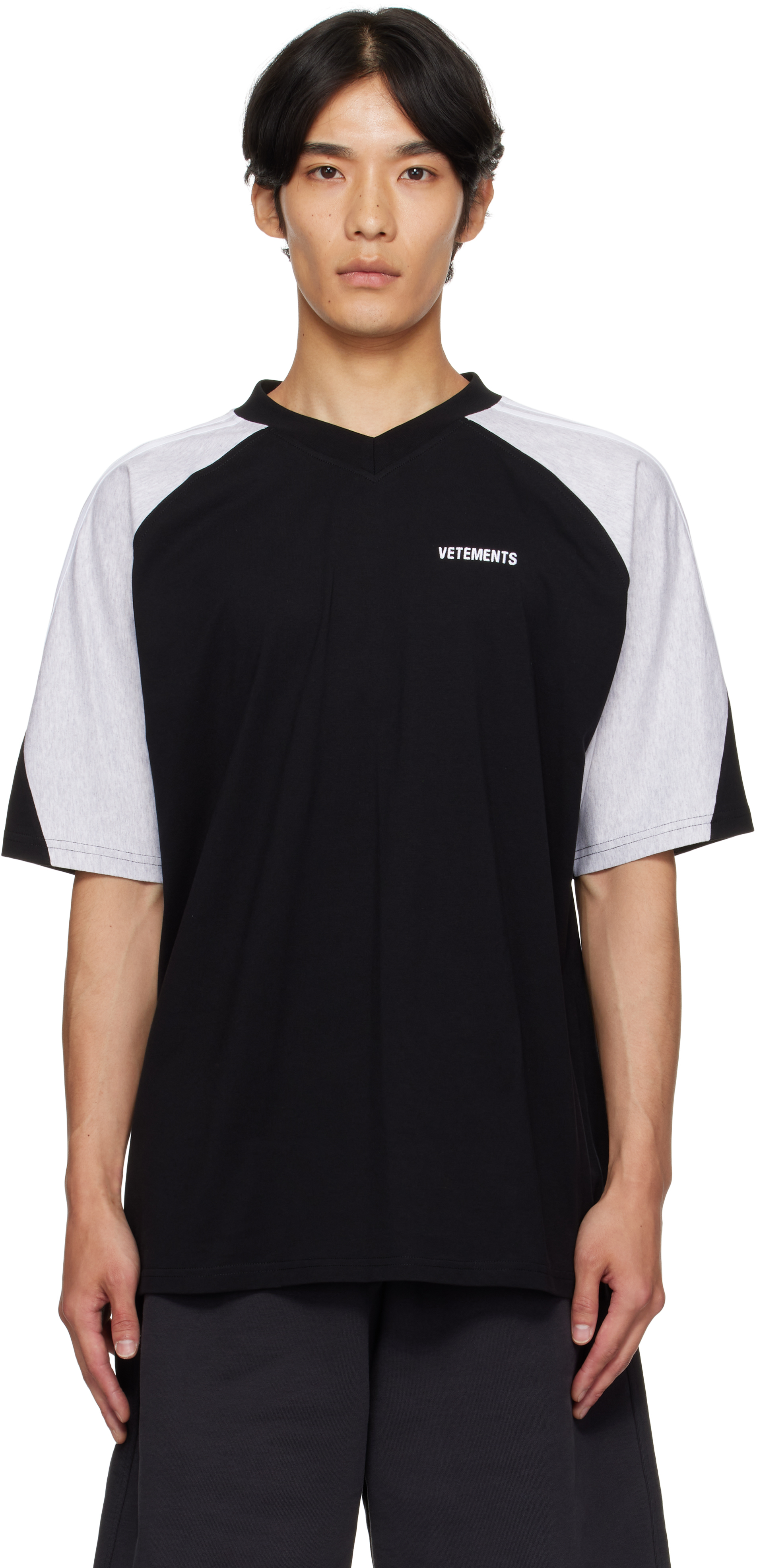 Black & Gray Cut-Up V-Neck T-shirt