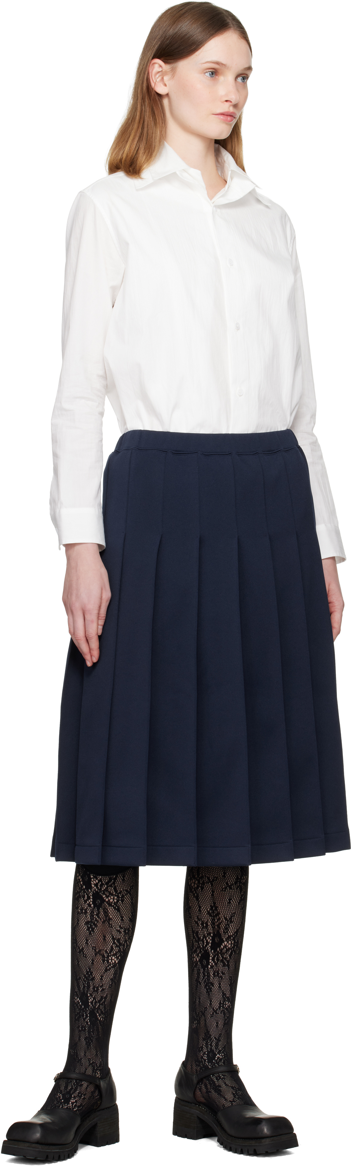 Comme Des Garcons Girl Navy Pleated Midi Skirt In Blue