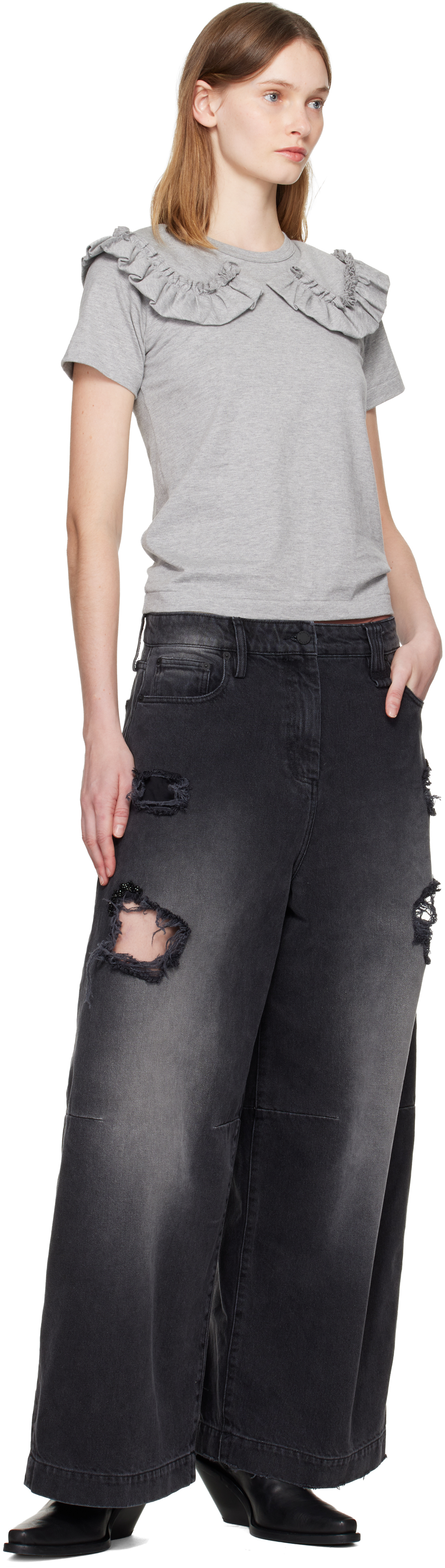 Comme Des Garcons Girl Gray Ruffled Collar T-shirt In Gray