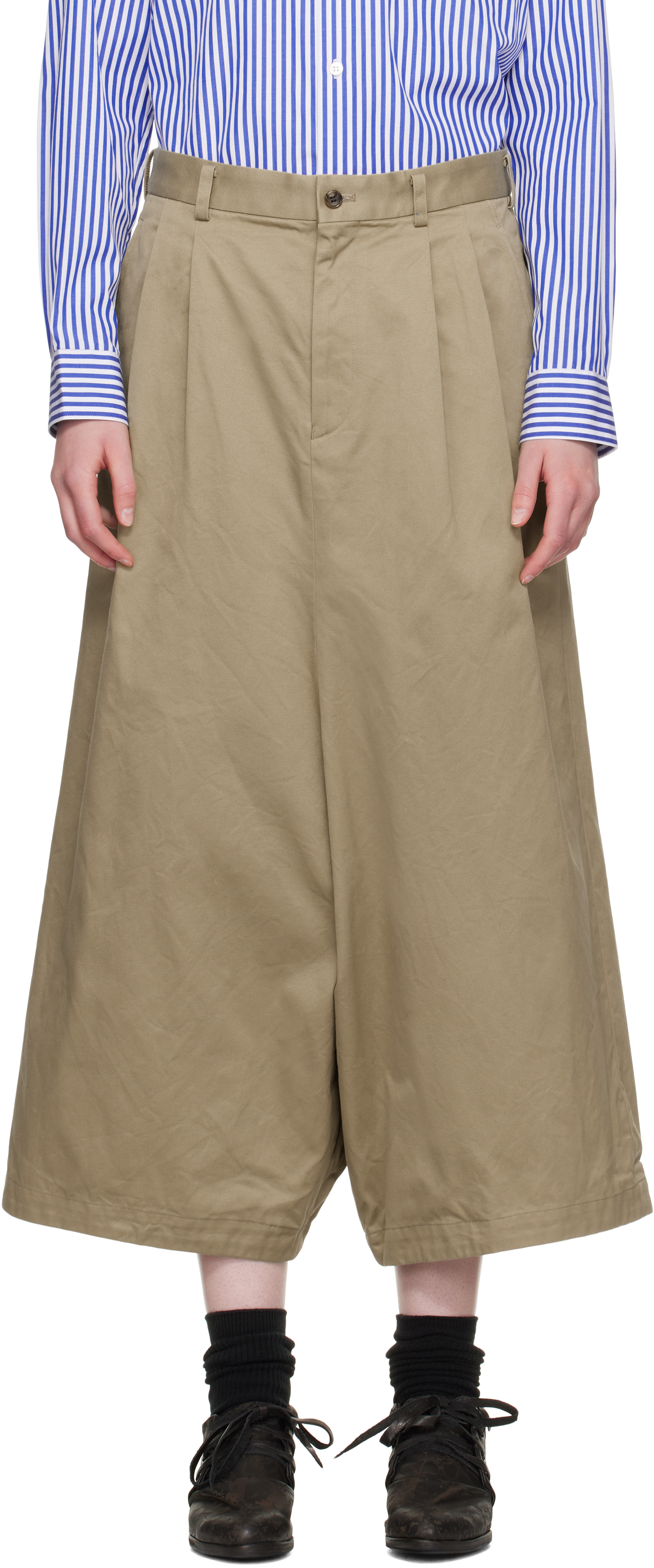 COMME DES GARÇONS KHAKI COTTON TWILL GARMENT WASHED TROUSERS 