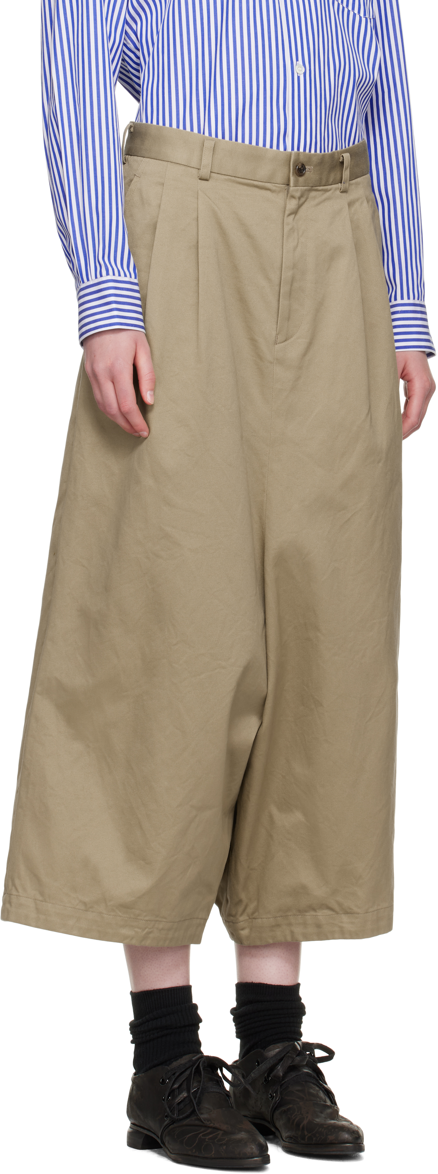COMME DES GARÇONS KHAKI COTTON TWILL GARMENT WASHED TROUSERS 