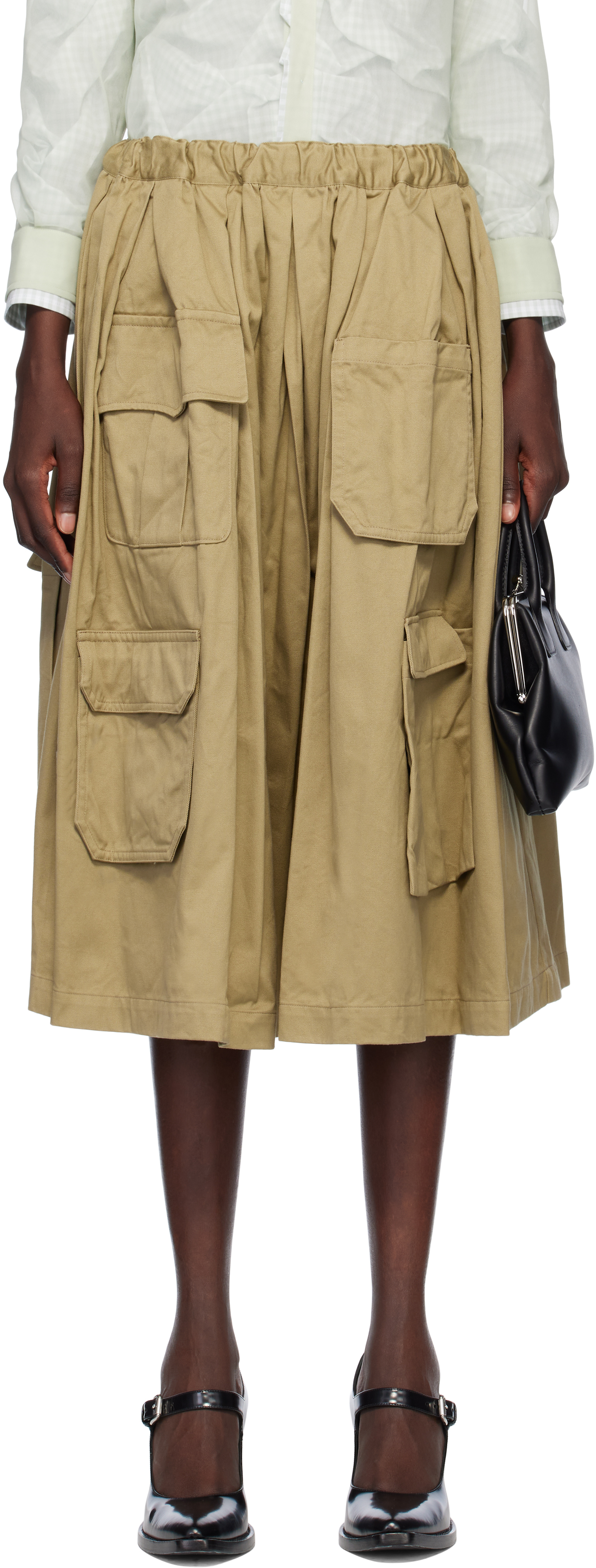 Shop Comme Des Garçons Khaki Cotton Twill Garment Washed Midi Skirt