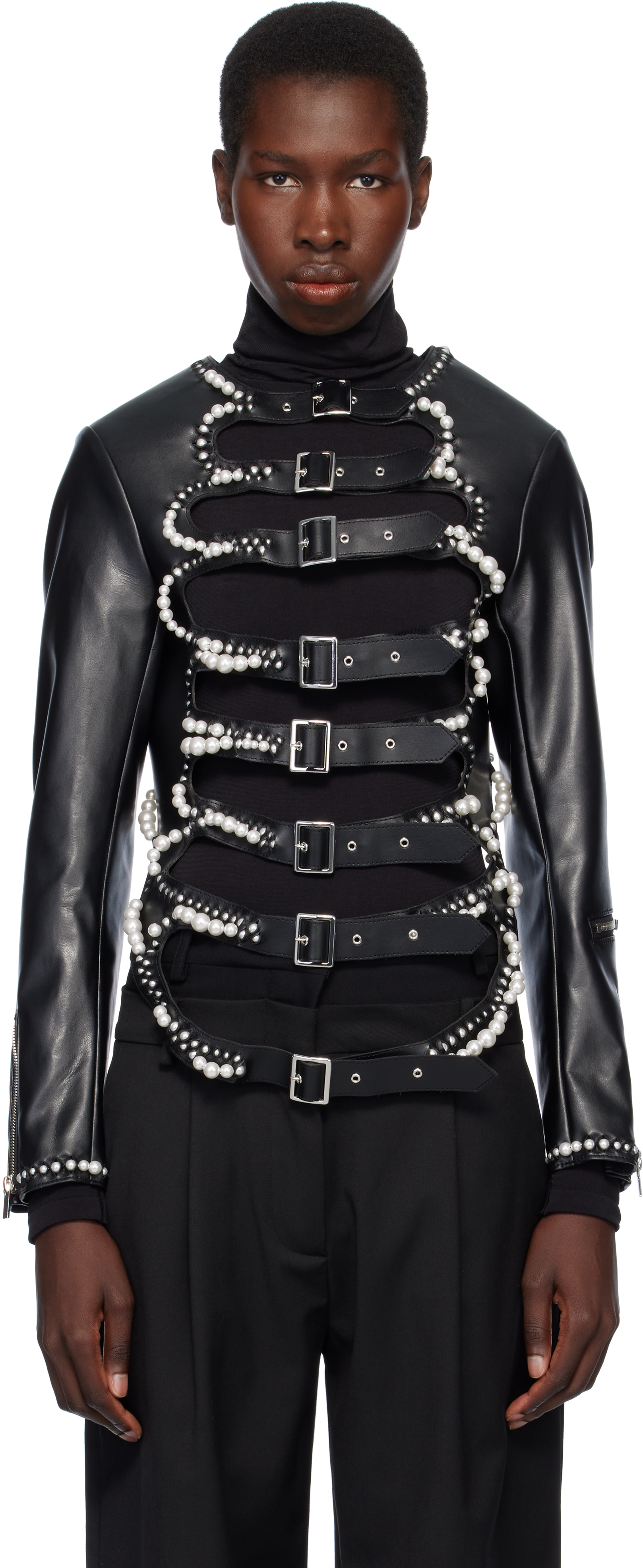 NOIR KEI NINOMIYA BLACK FAUX-PEARL EMBELLISHED FAUX-LEATHER JACKET