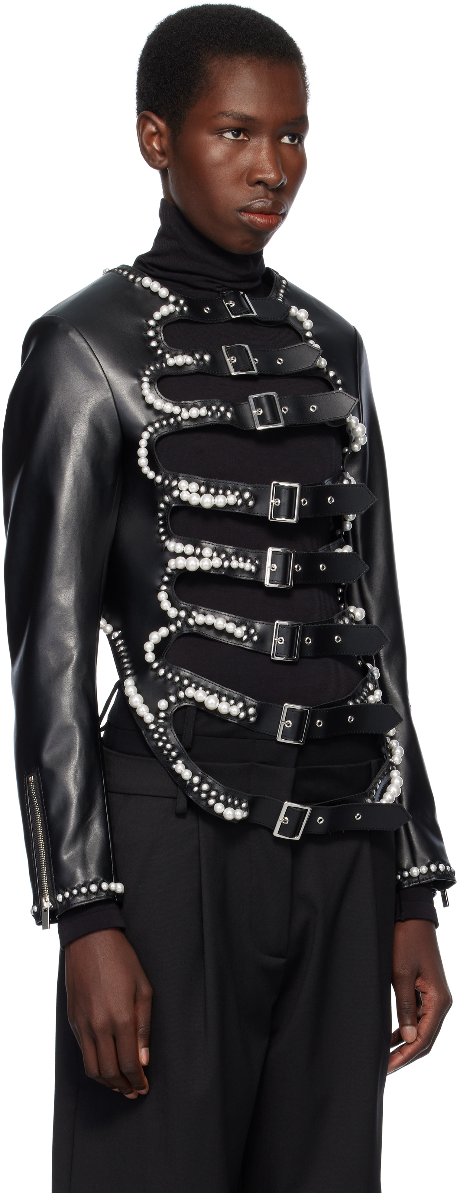 NOIR KEI NINOMIYA BLACK FAUX-PEARL EMBELLISHED FAUX-LEATHER JACKET