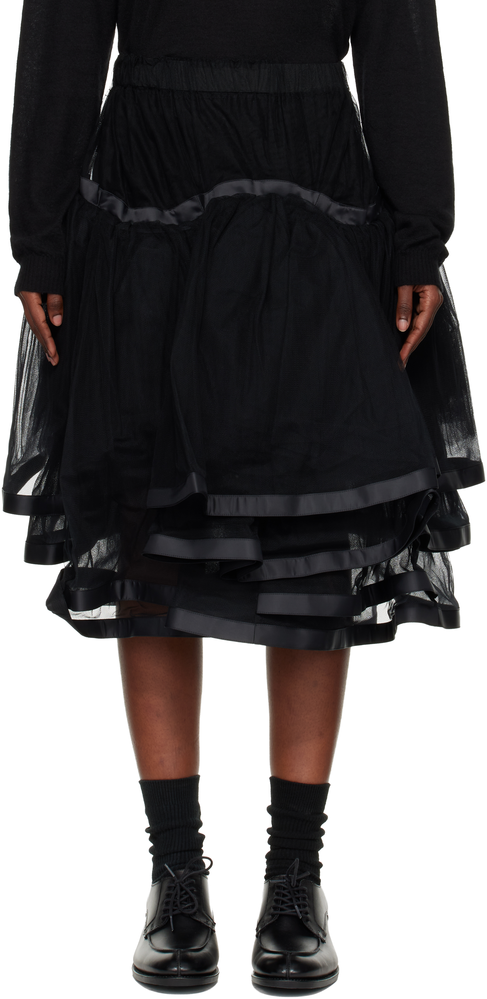 Noir Kei Ninomiya Black Volume Tulle Pleats Midi Skirt In Black
