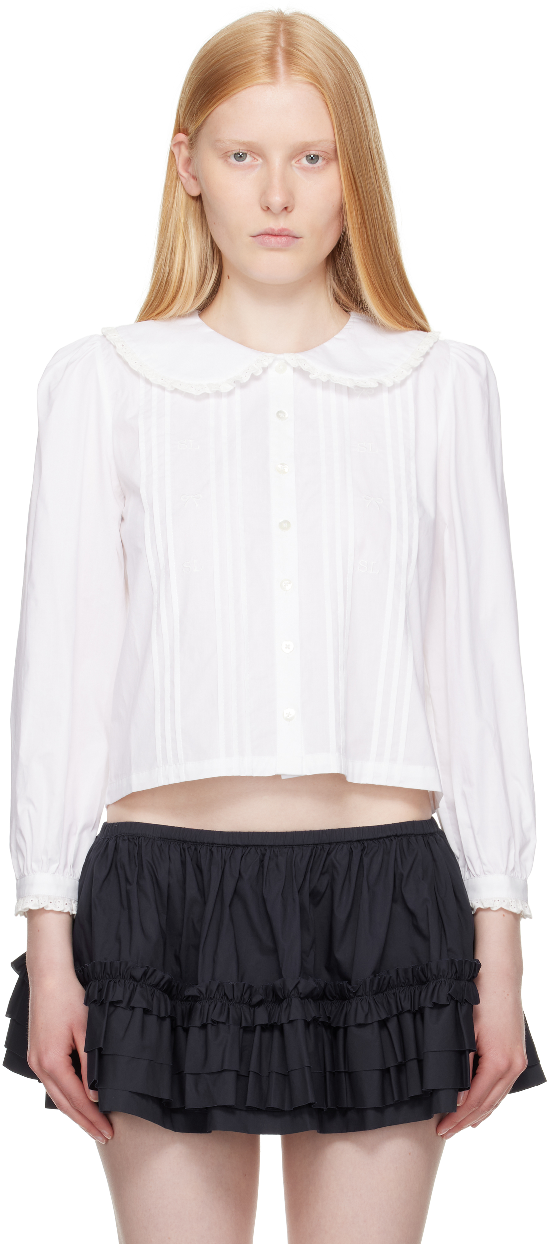 Sandy Liang Crayon Eyelet Trim Cotton Poplin Shirt In White