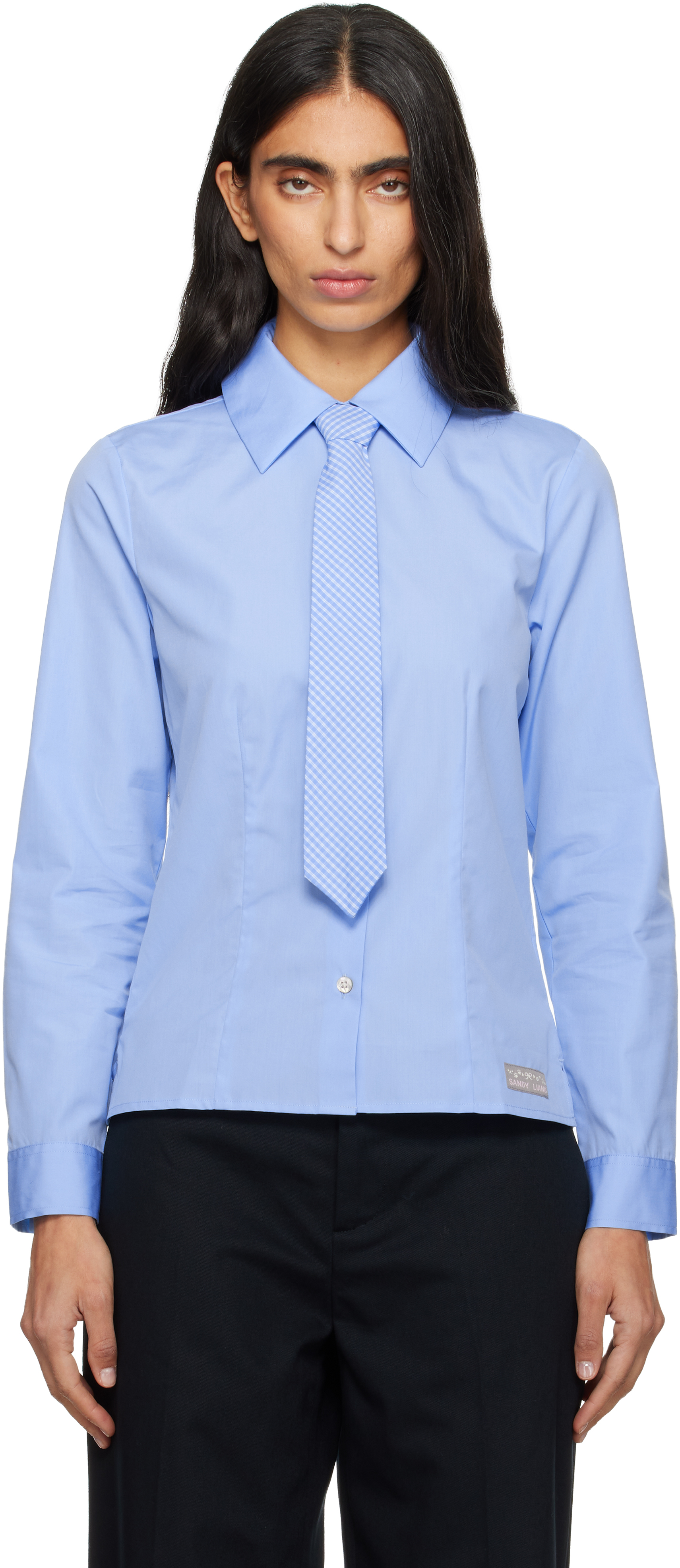 Sandy Liang Levi Button-up Shirt With Removable Tie In Blue