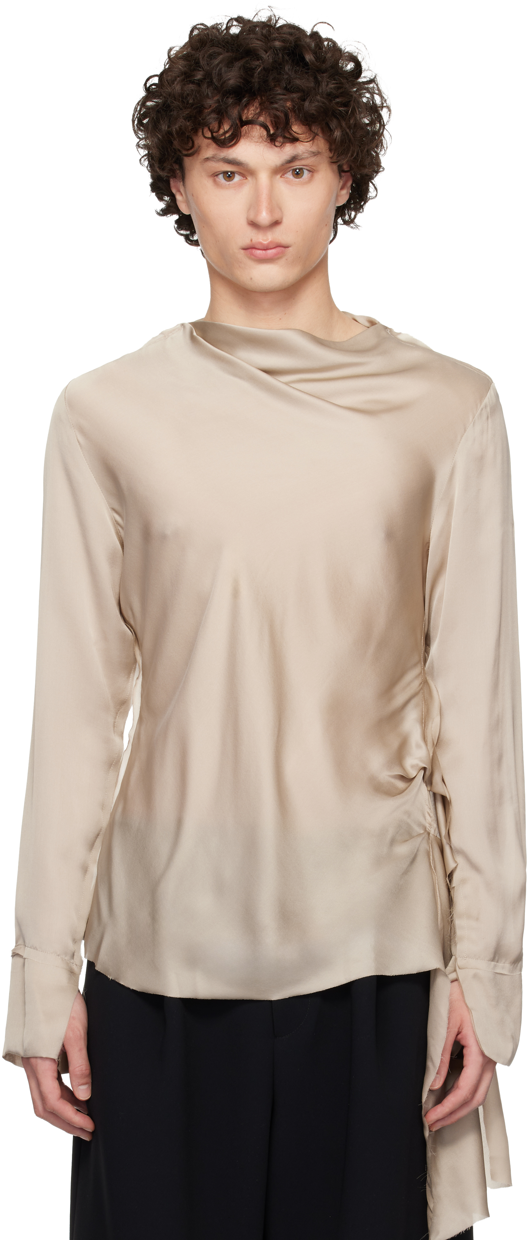 Taupe Draped Neck Long Sleeve Silk Blouse
