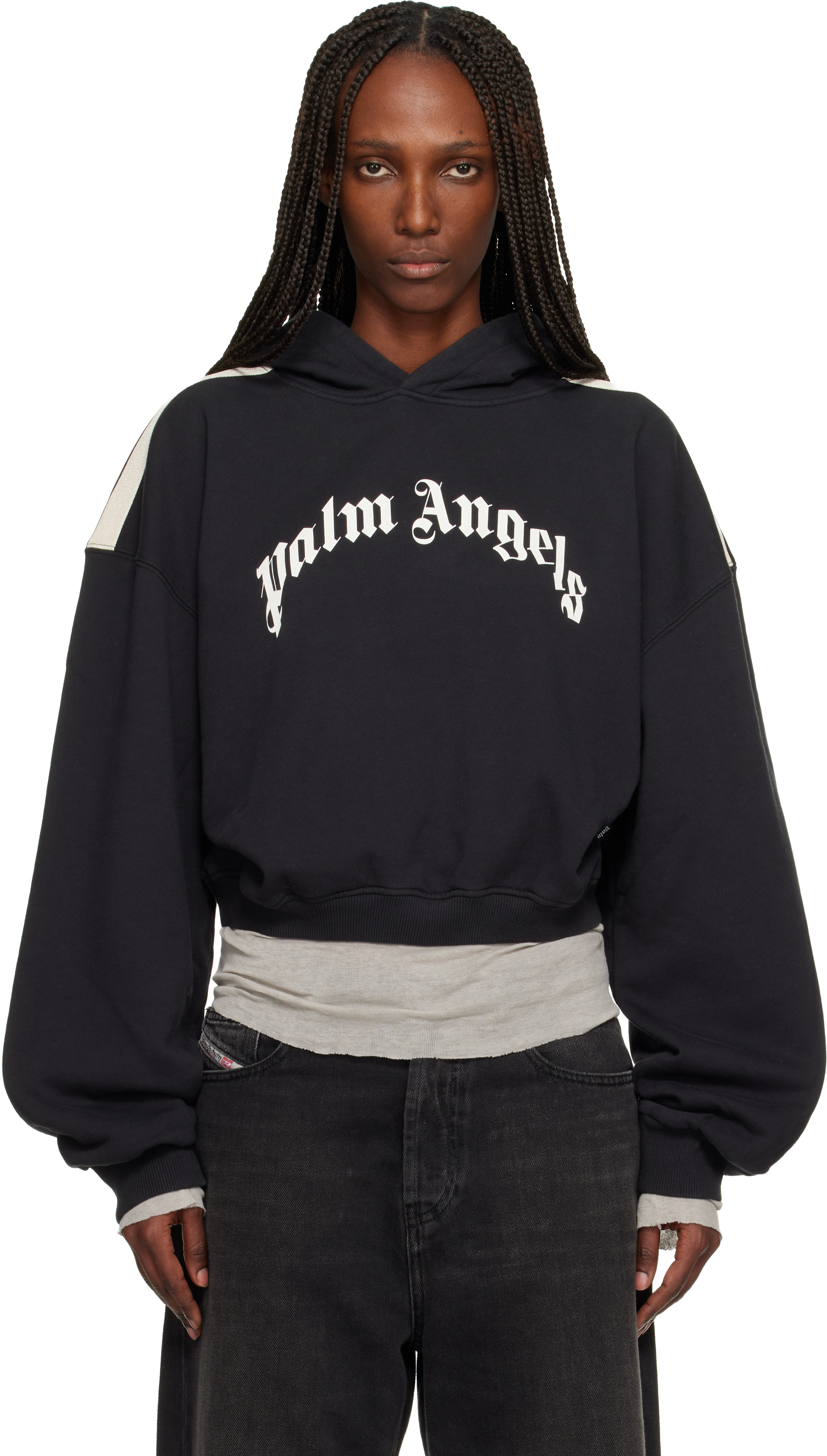 Black Curved Logo Track Crop Hoodie by Palm Angels on Sale