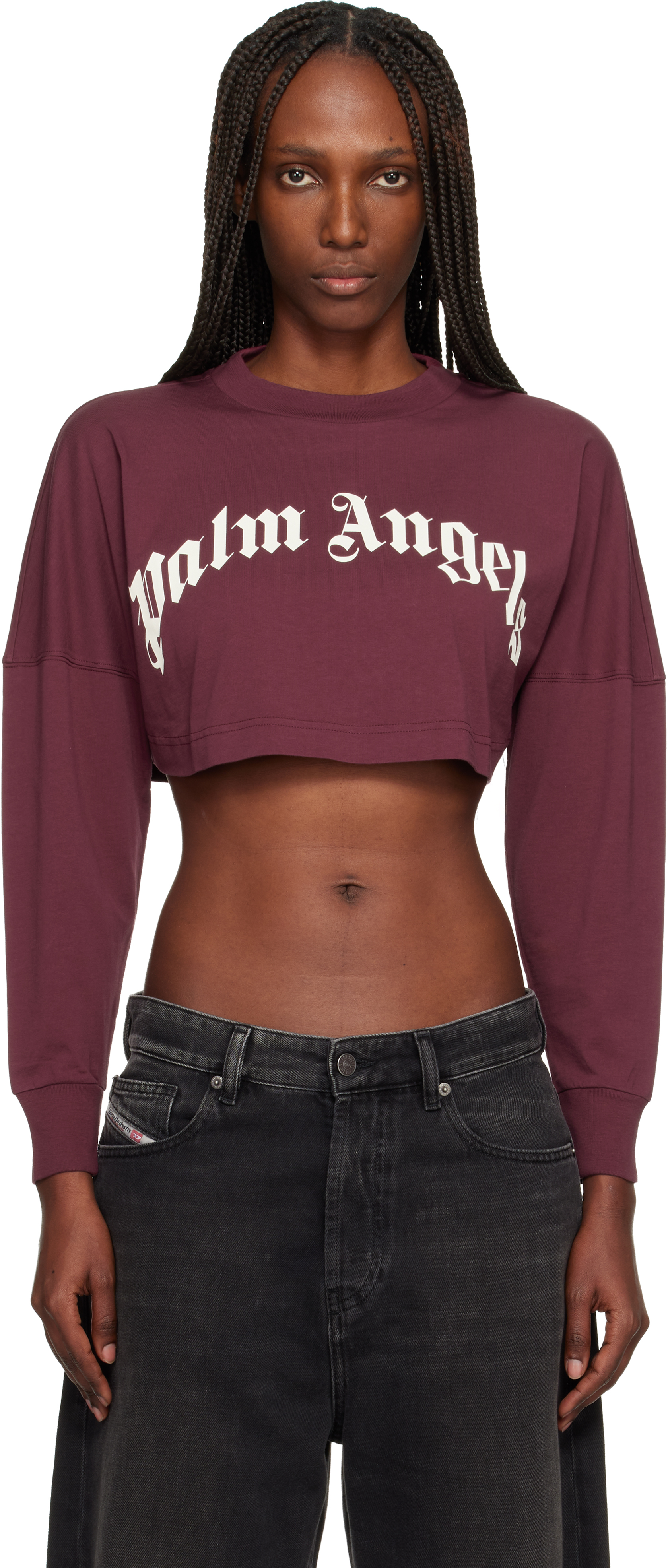 Palm Angels Burgundy Curved Logo Crop T-shirt In Brown