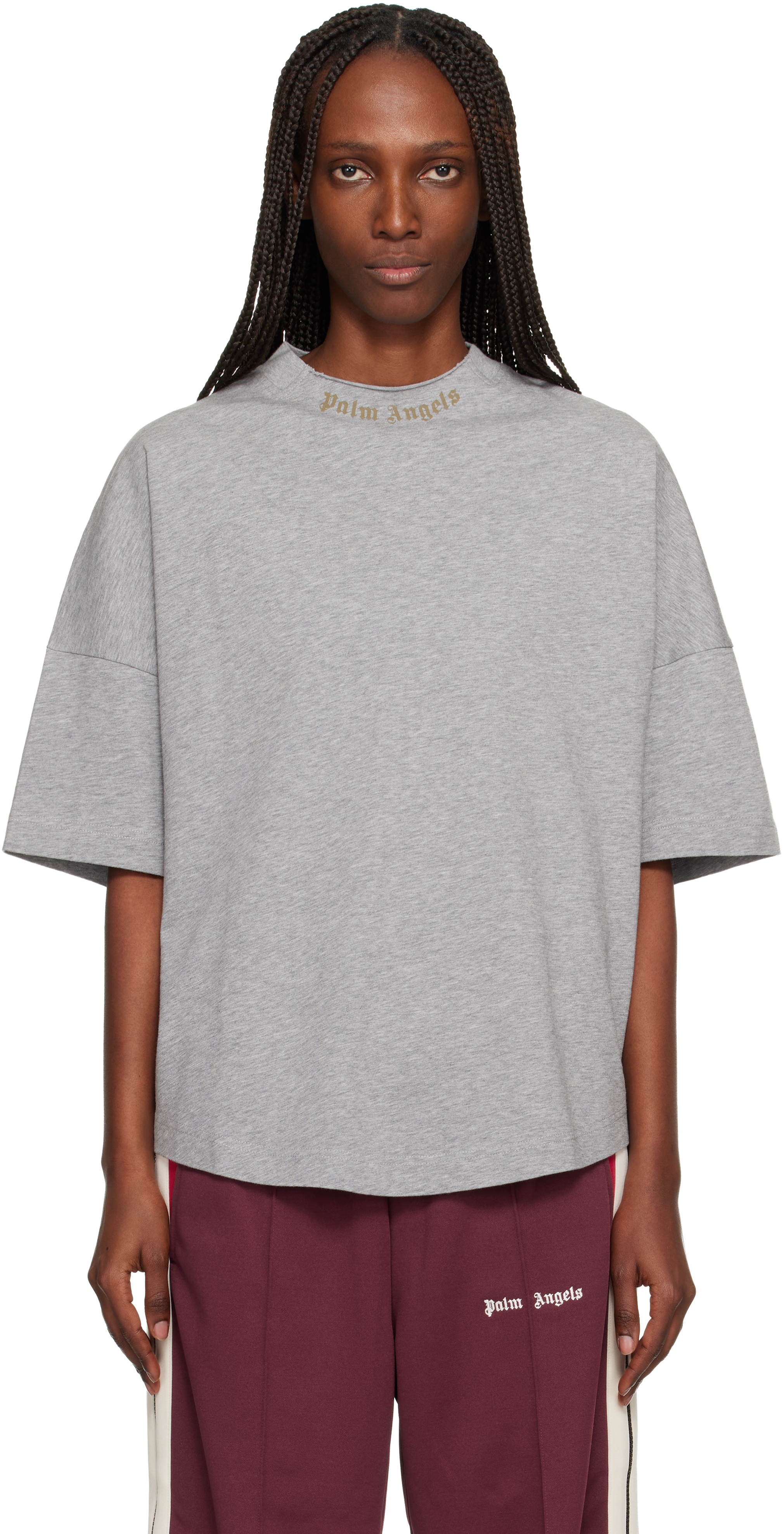Palm Angels Gray Curved Logo Collar Over T-shirt In Gray