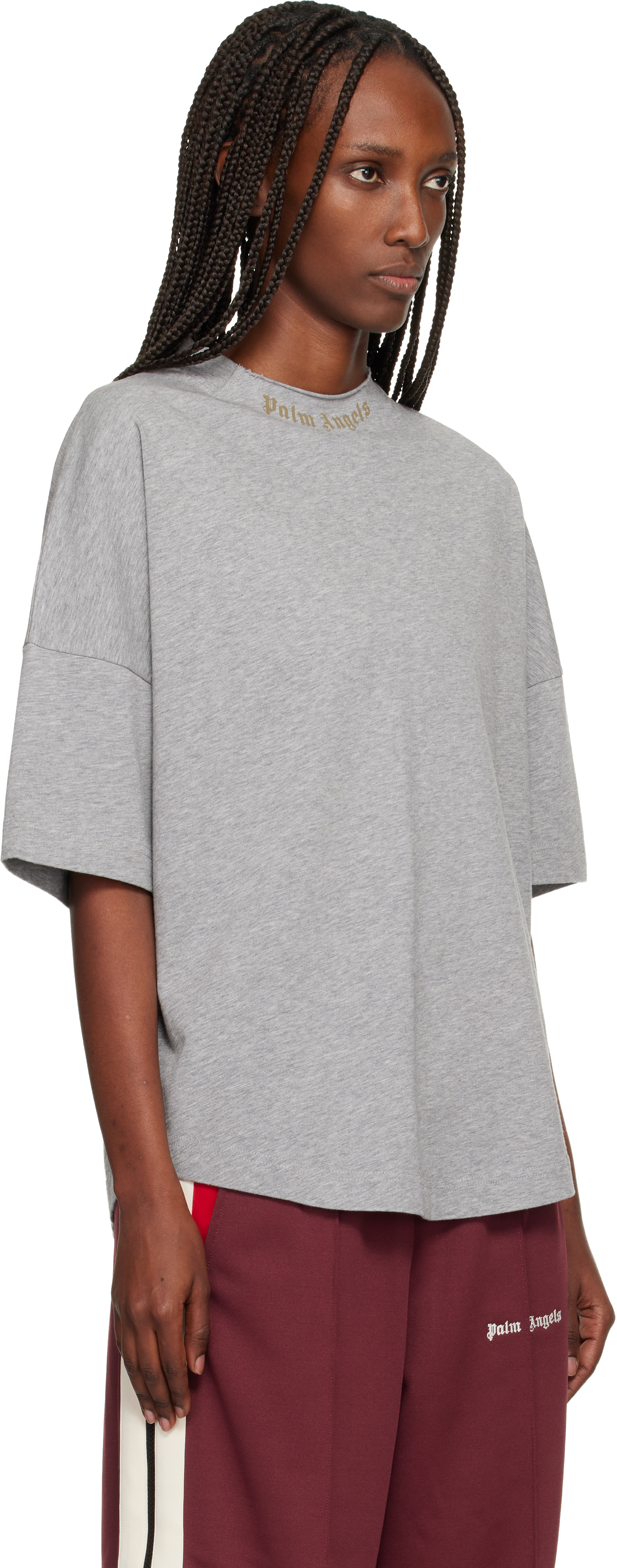 Palm Angels Gray Curved Logo Collar Over T-shirt In Gray