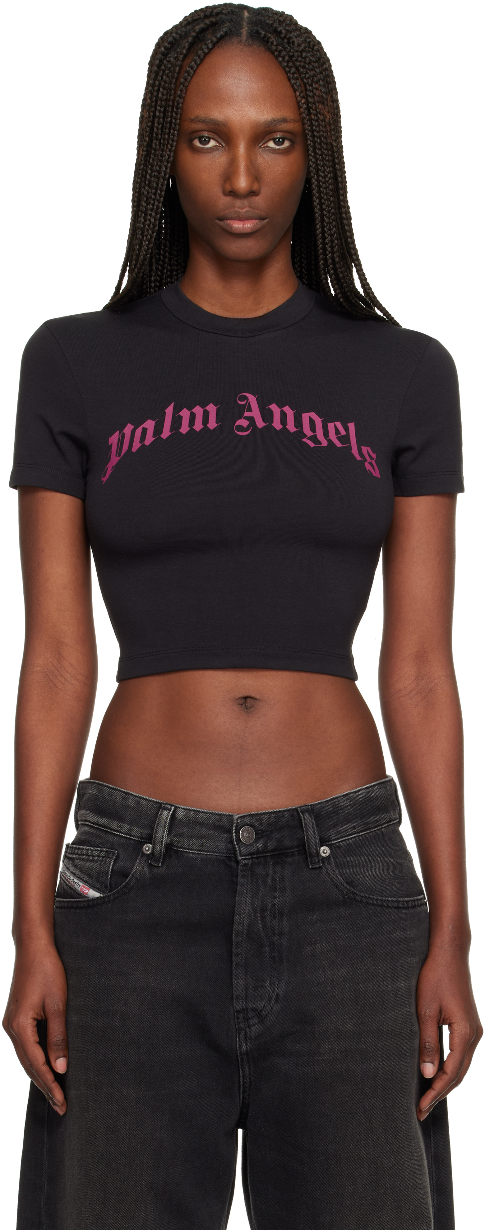 Palm Angels Cropped T-shirt With Gothic Fuchsia Print In Black