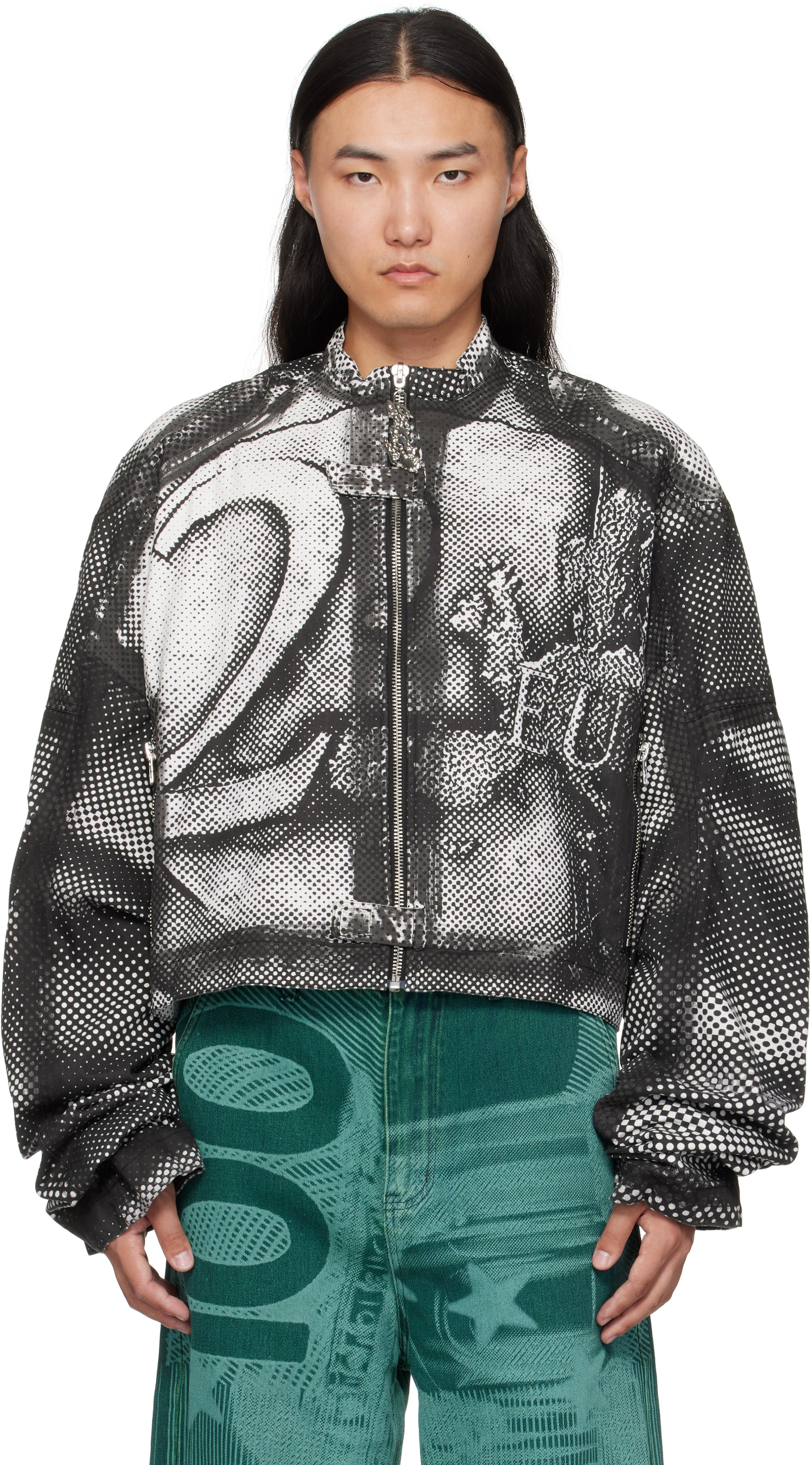 Gerrit Jacob Black & White Printed Moto Denim Jacket In Multi