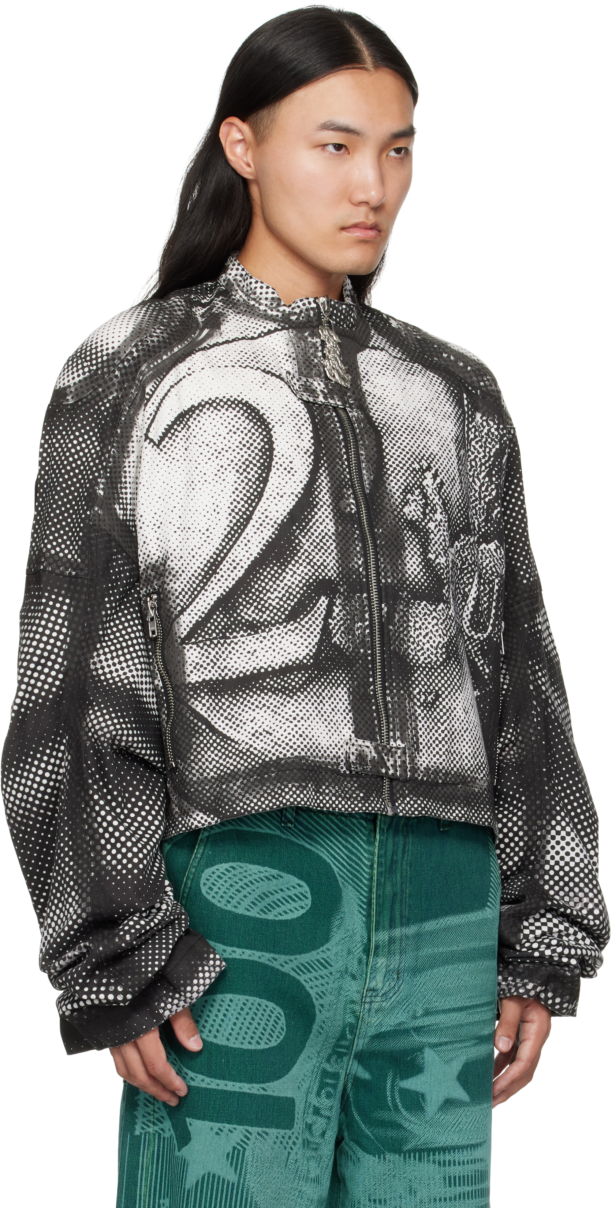 Gerrit Jacob Black & White Printed Moto Denim Jacket In Multi