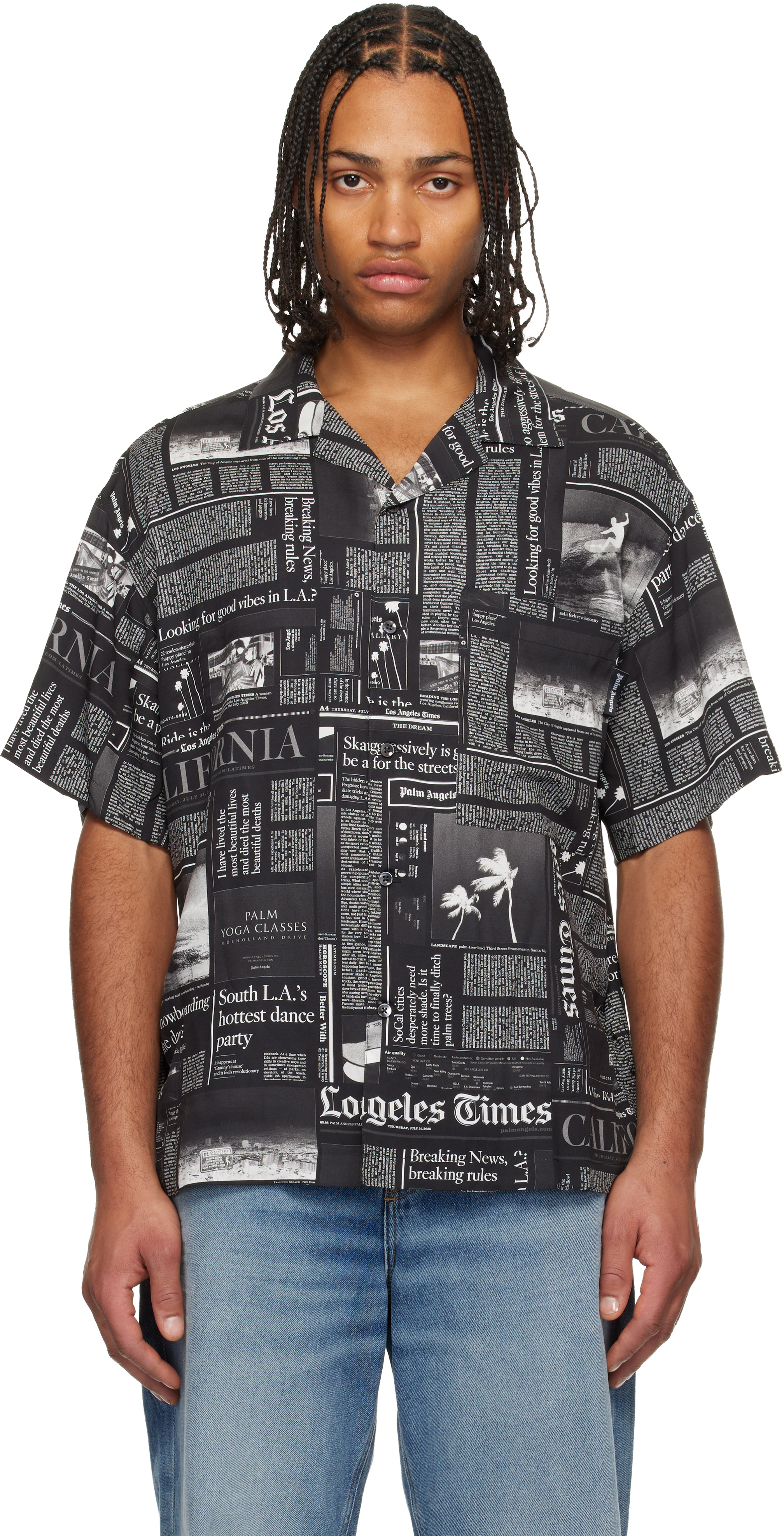 Palm Angels Newspaper Motif Short-sleeved Shirt In Black