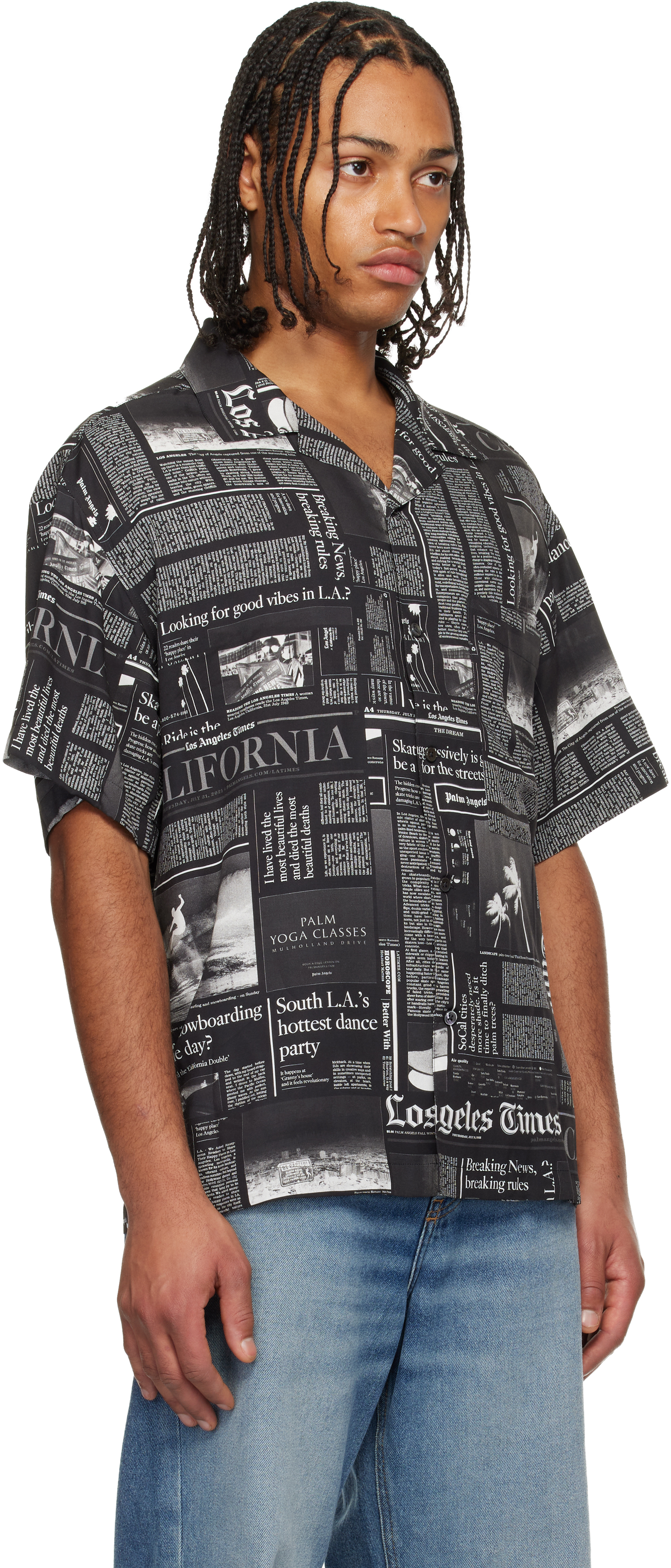 Palm Angels Newspaper Motif Short-sleeved Shirt In Black
