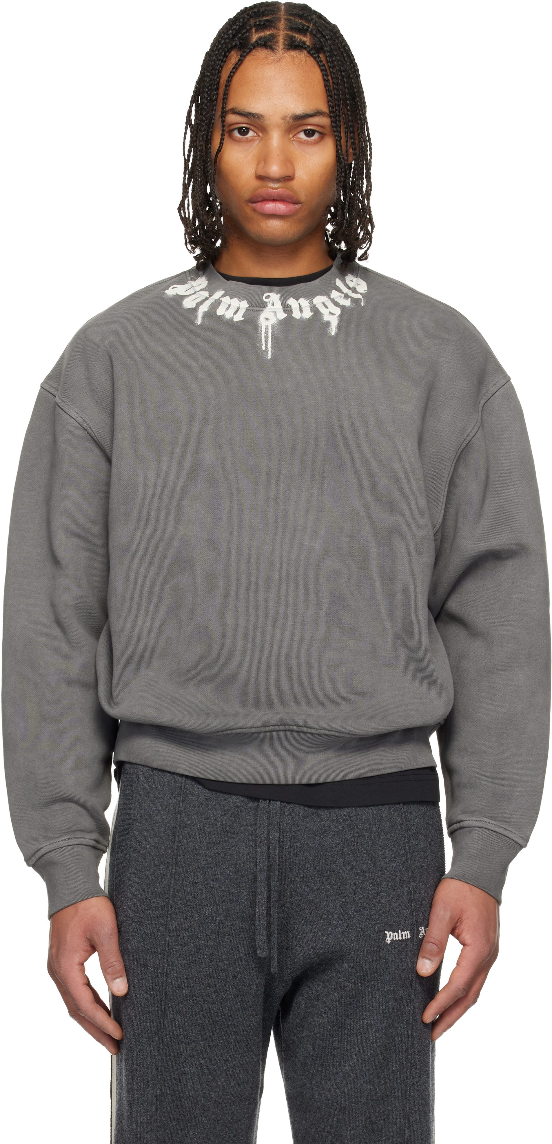 Gray Neck Logo Regular Crewneck Sweatshirt by Palm Angels on Sale
