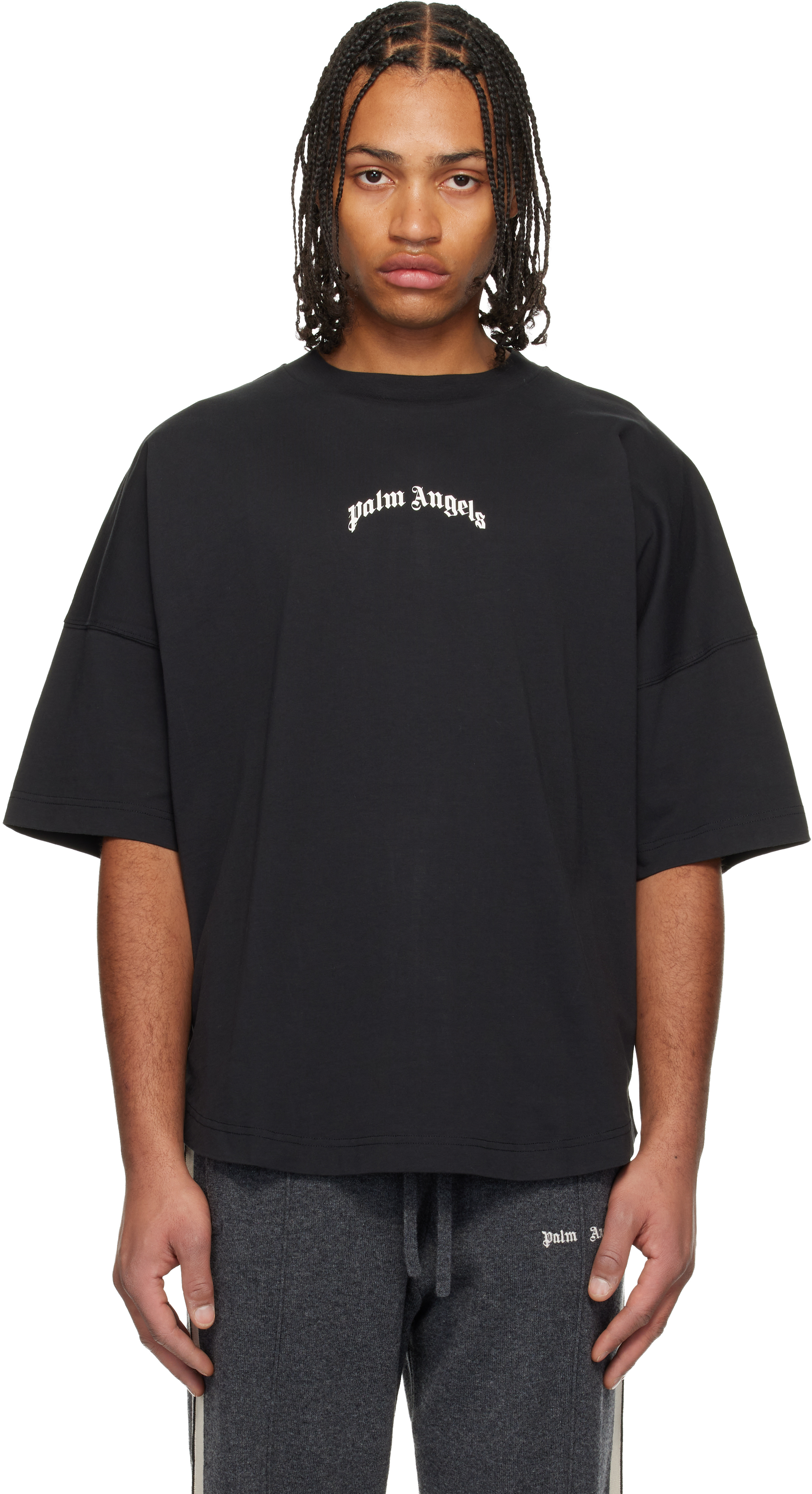 Tシャツ Palm Angels sale Black Curved Logo Over T-shirt by Palm Angels on Sale