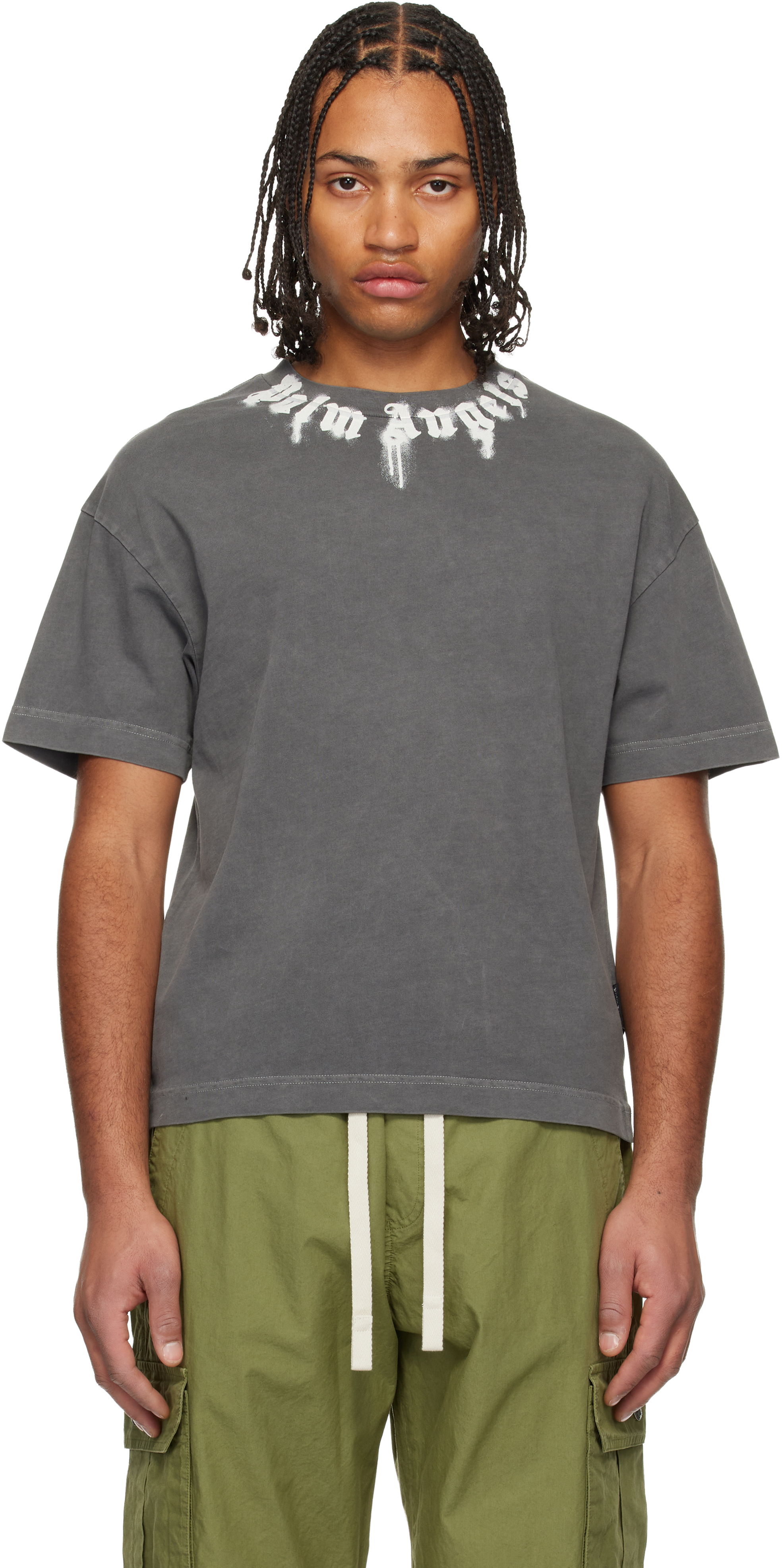 palm Angels / シースルー 長袖カットソー オフネックC175 Gray Neck Logo Regular T-shirt by Palm Angels on Sale