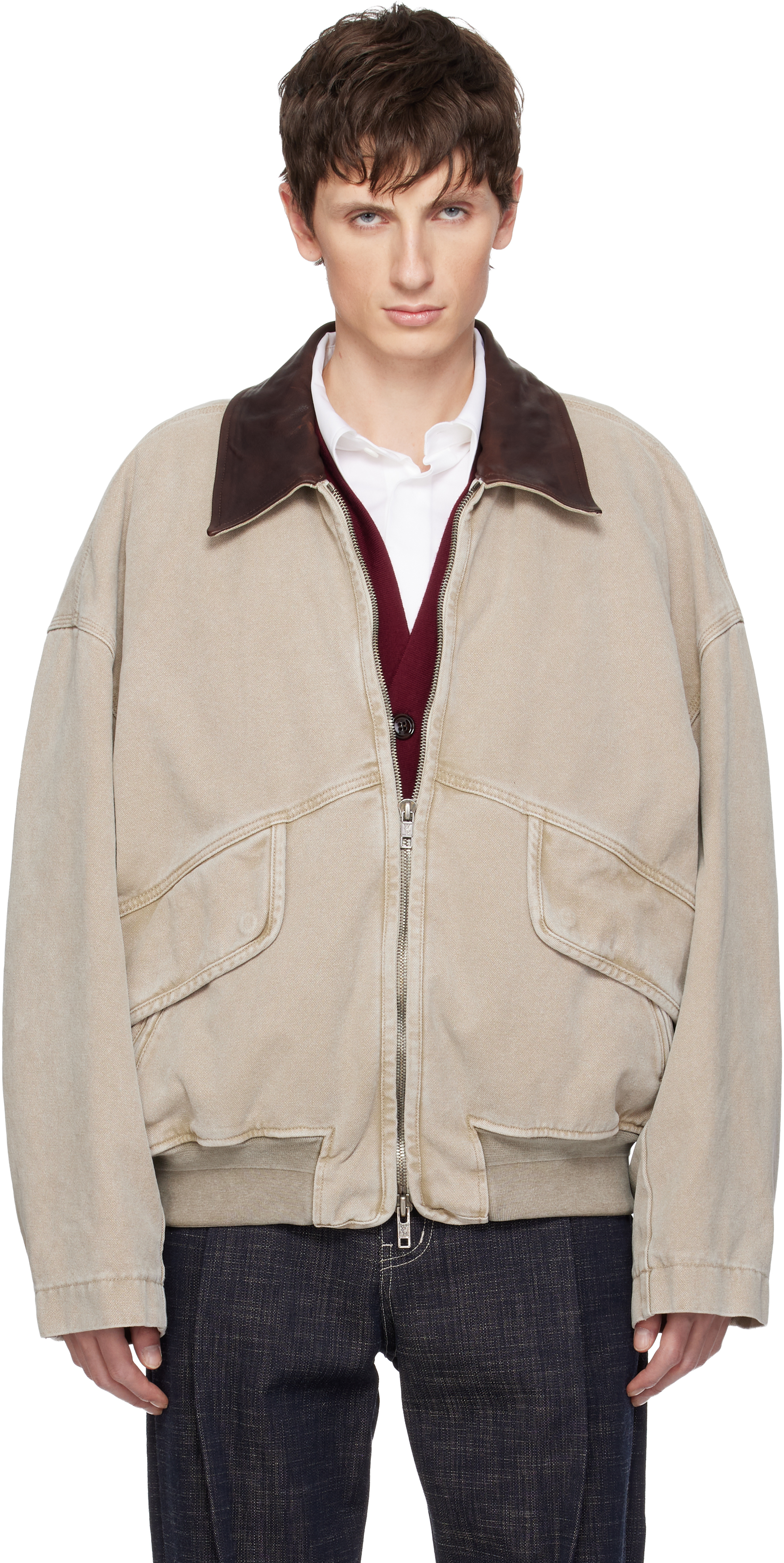 Beige Leather Collar Oxford Jacket by WOOYOUNGMI on Sale
