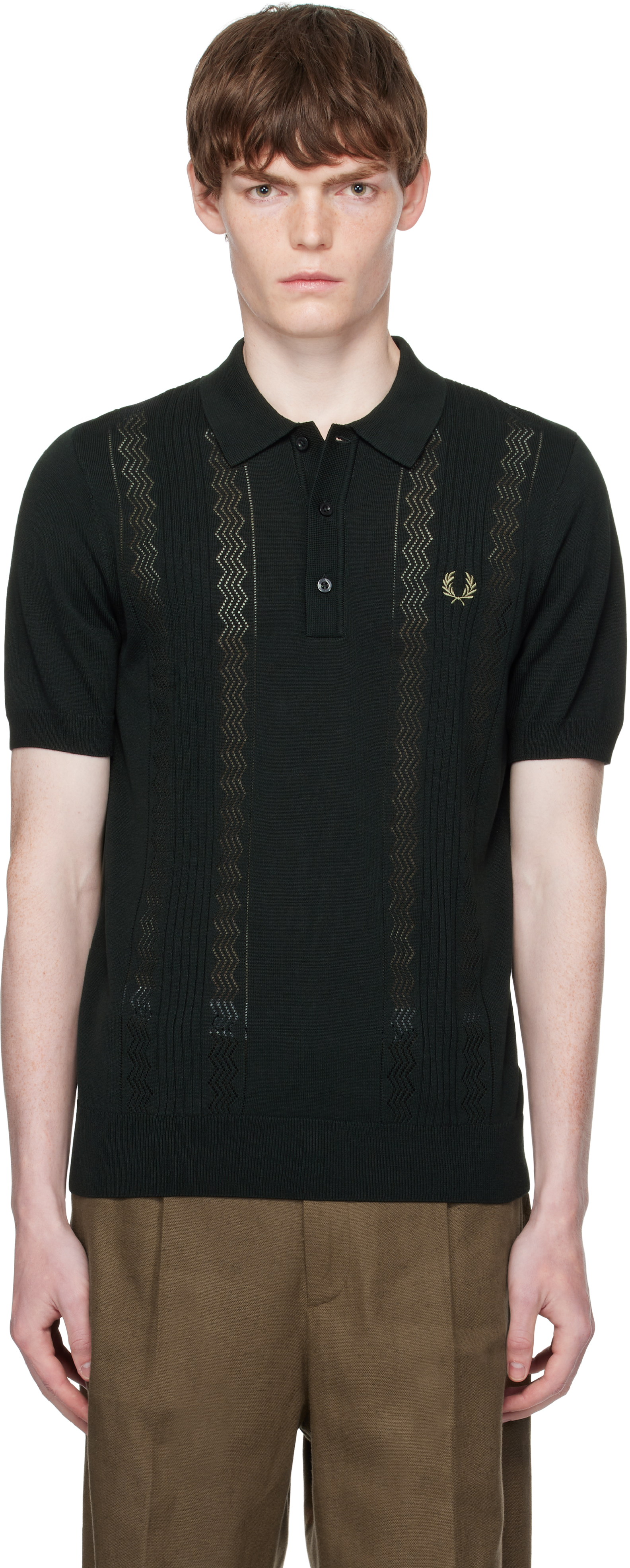 Fred Perry: Green Pointelle Panel Knitted Polo | SSENSE