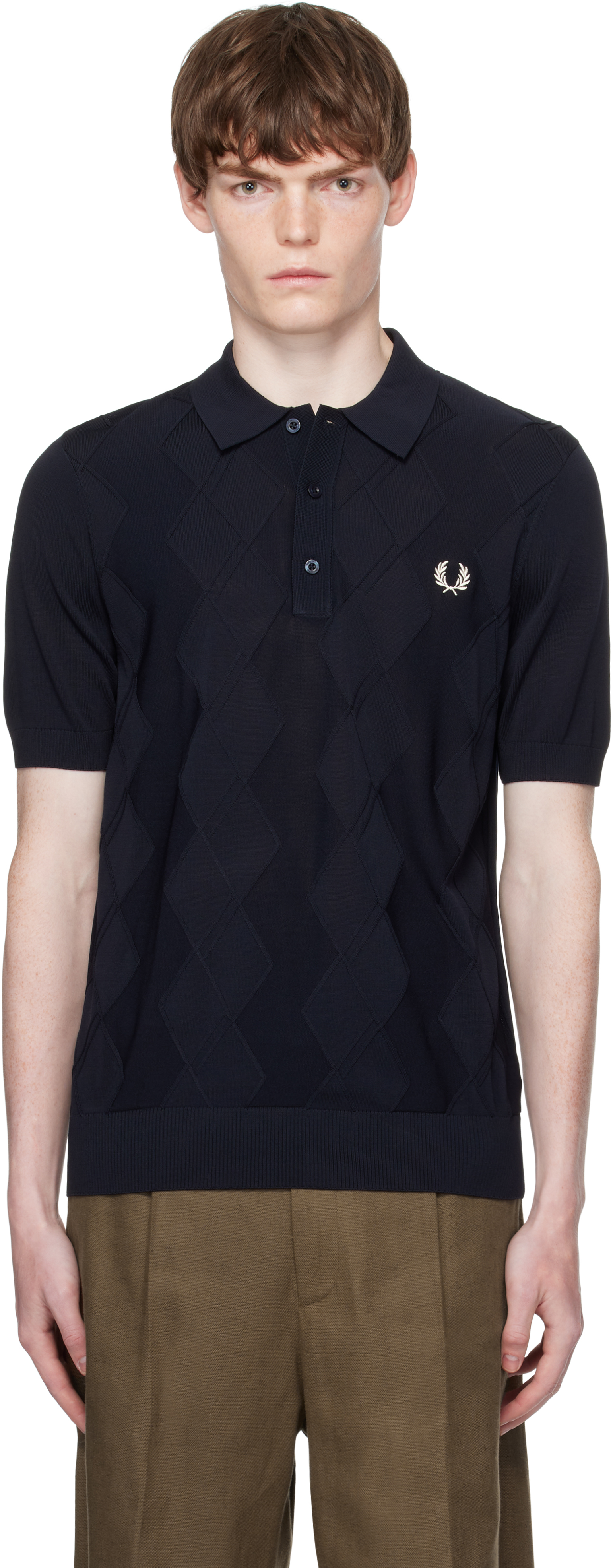 Fred Perry: Navy Cable Knitted Polo | SSENSE 日本