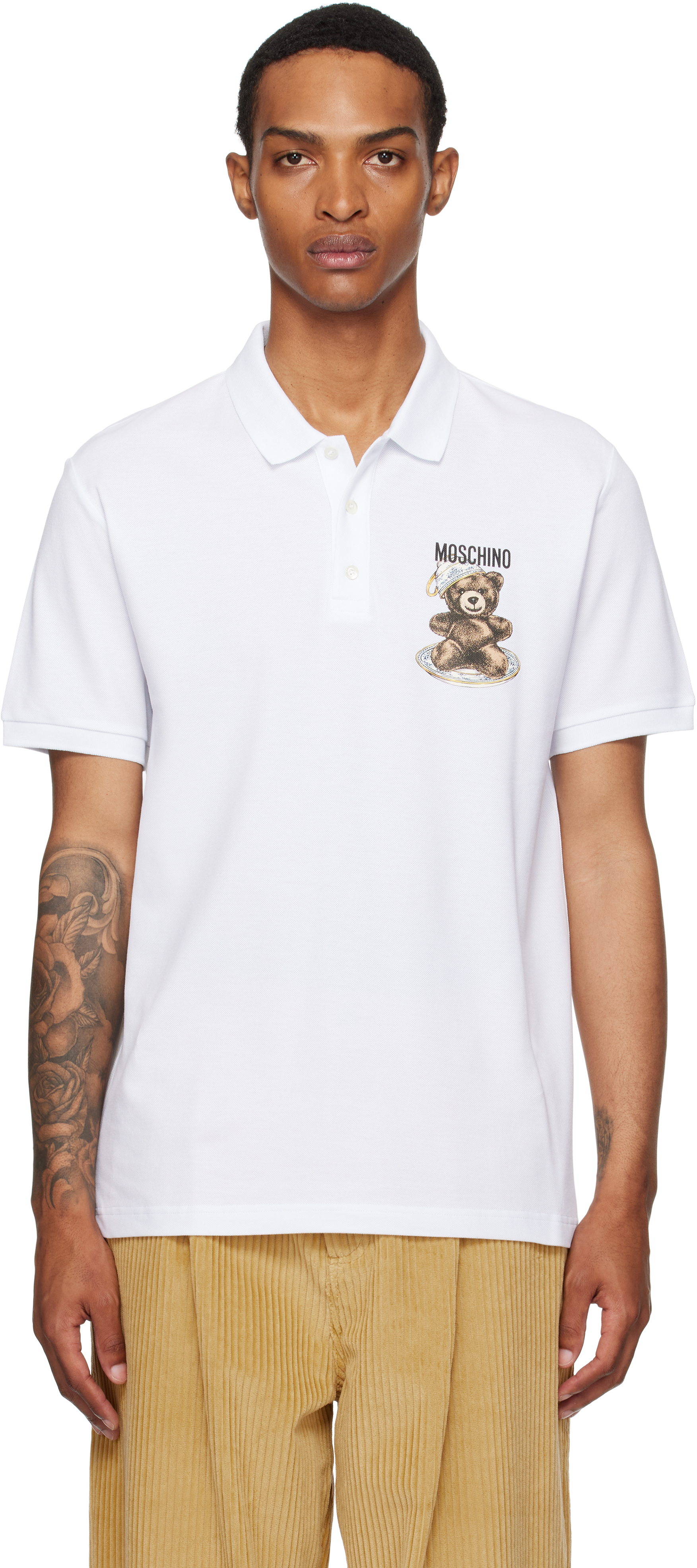 Tシャツ・カットソー MOSCHINO Men Polo Shirts J0725 70411001 WHITE Moschino: White Teddy Polo | SSENSE