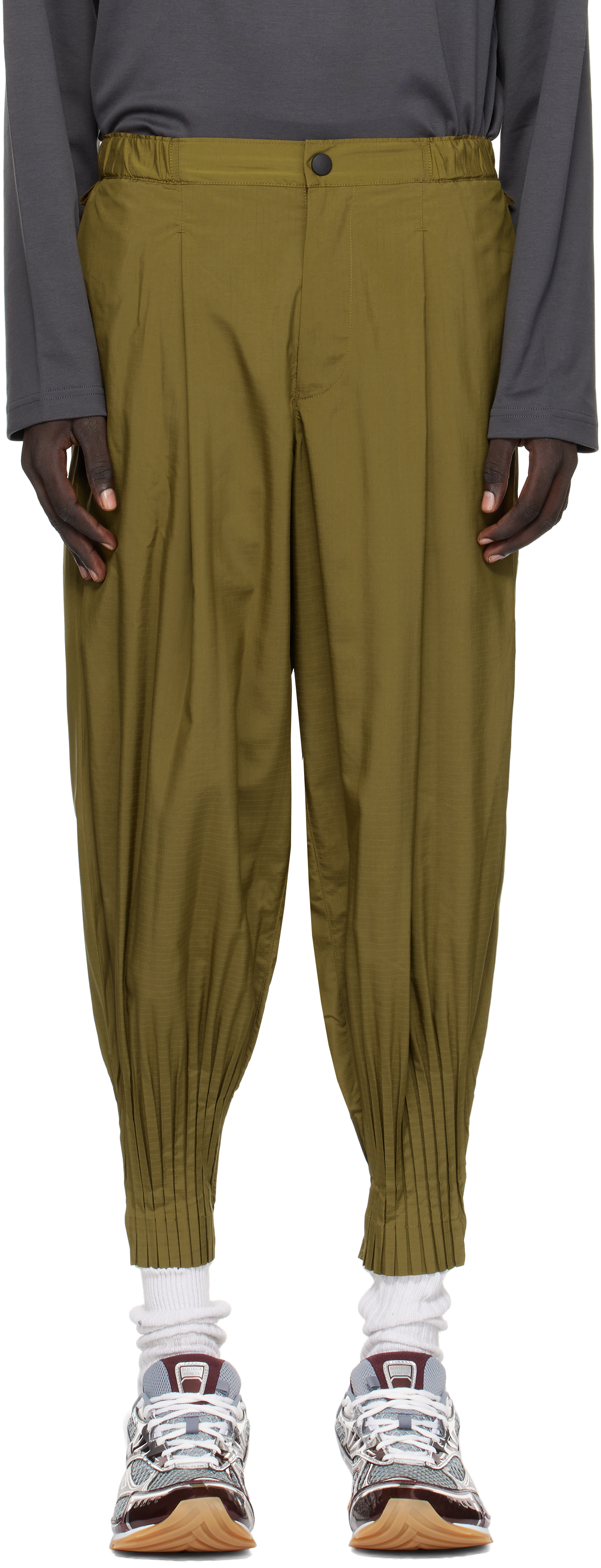 Khaki Cascade Trousers by HOMME PLISSÉ ISSEY MIYAKE on Sale
