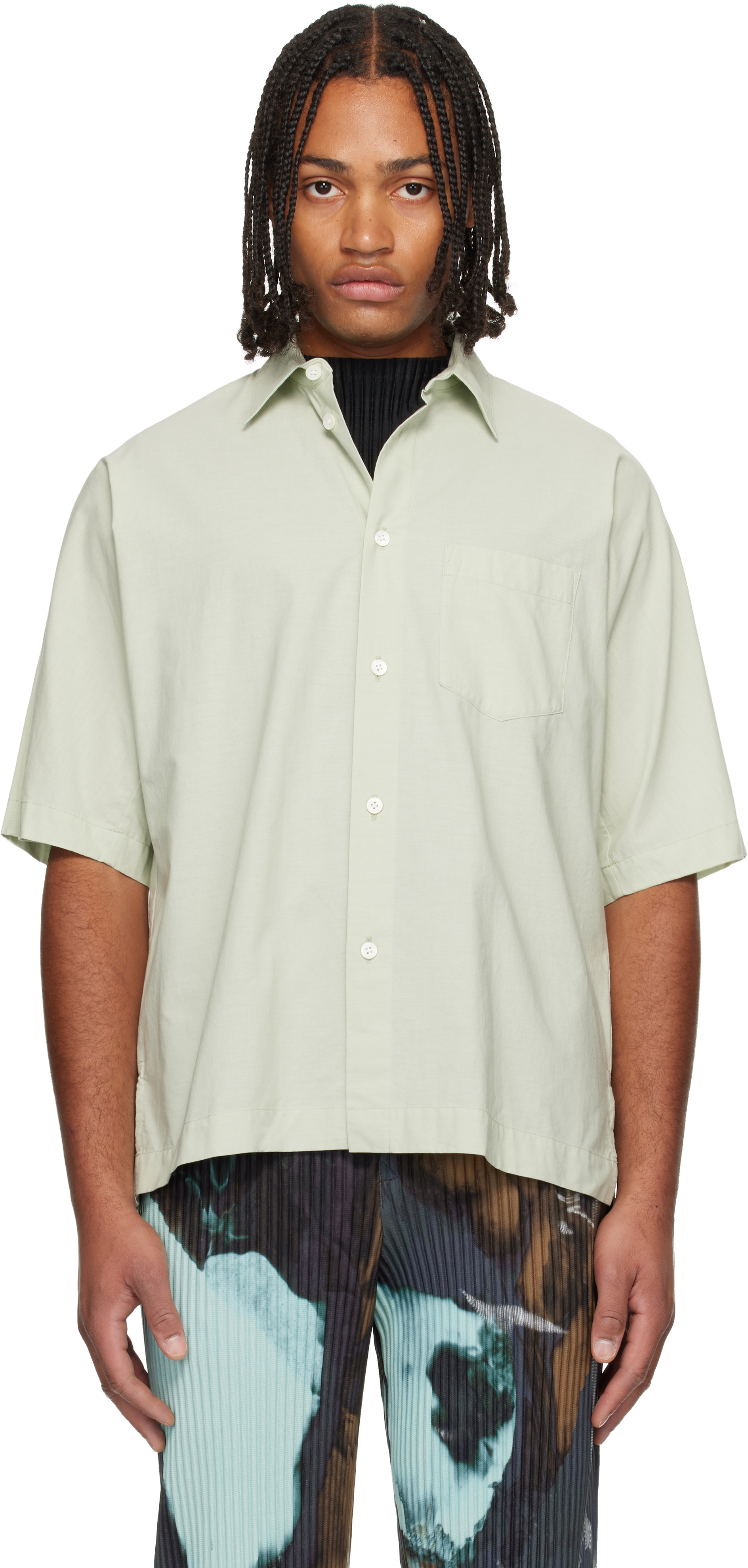 HOMME PLISSÉ ISSEY MIYAKE 半袖シャツ オリーブグリーン HOMME PLISSÉ ISSEY MIYAKE: Green Streamline Shirt | SSENSE