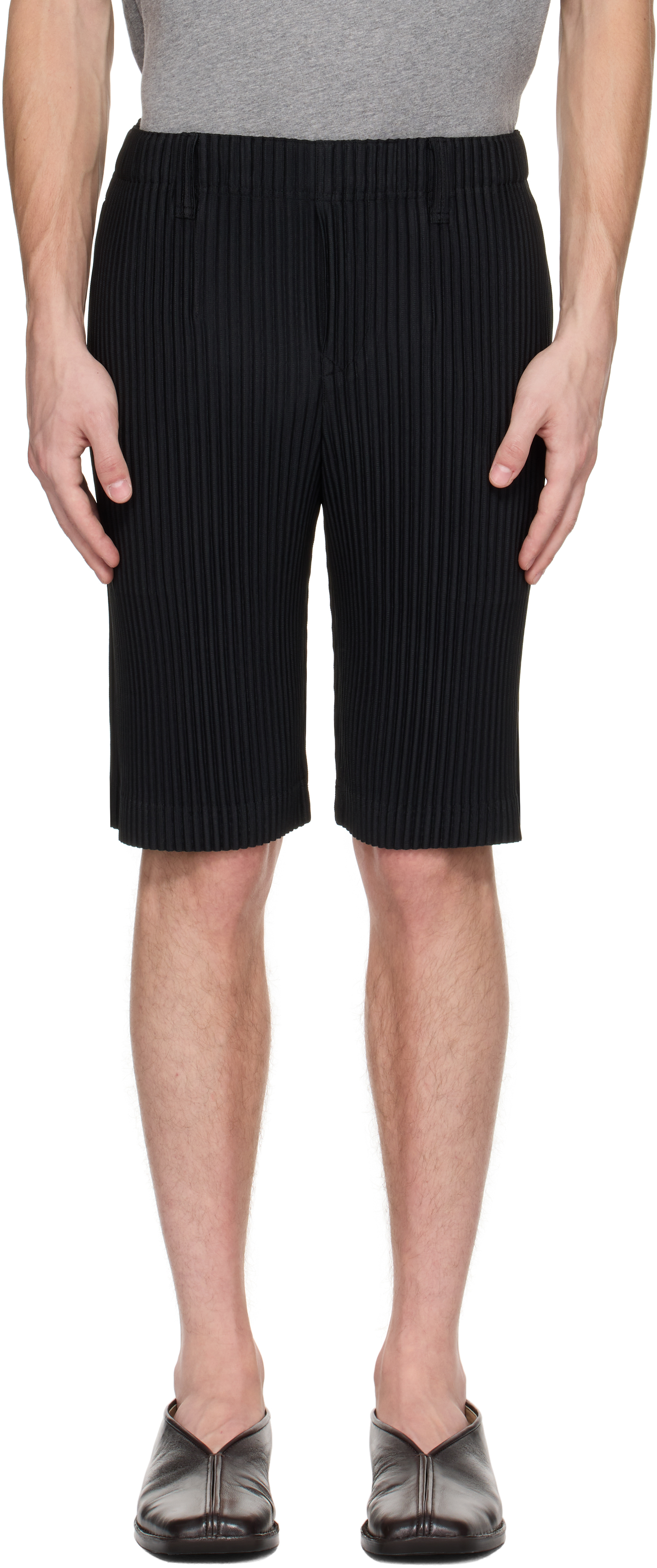 Black Tailored Pleats 2 Shorts by HOMME PLISSÉ ISSEY MIYAKE on Sale