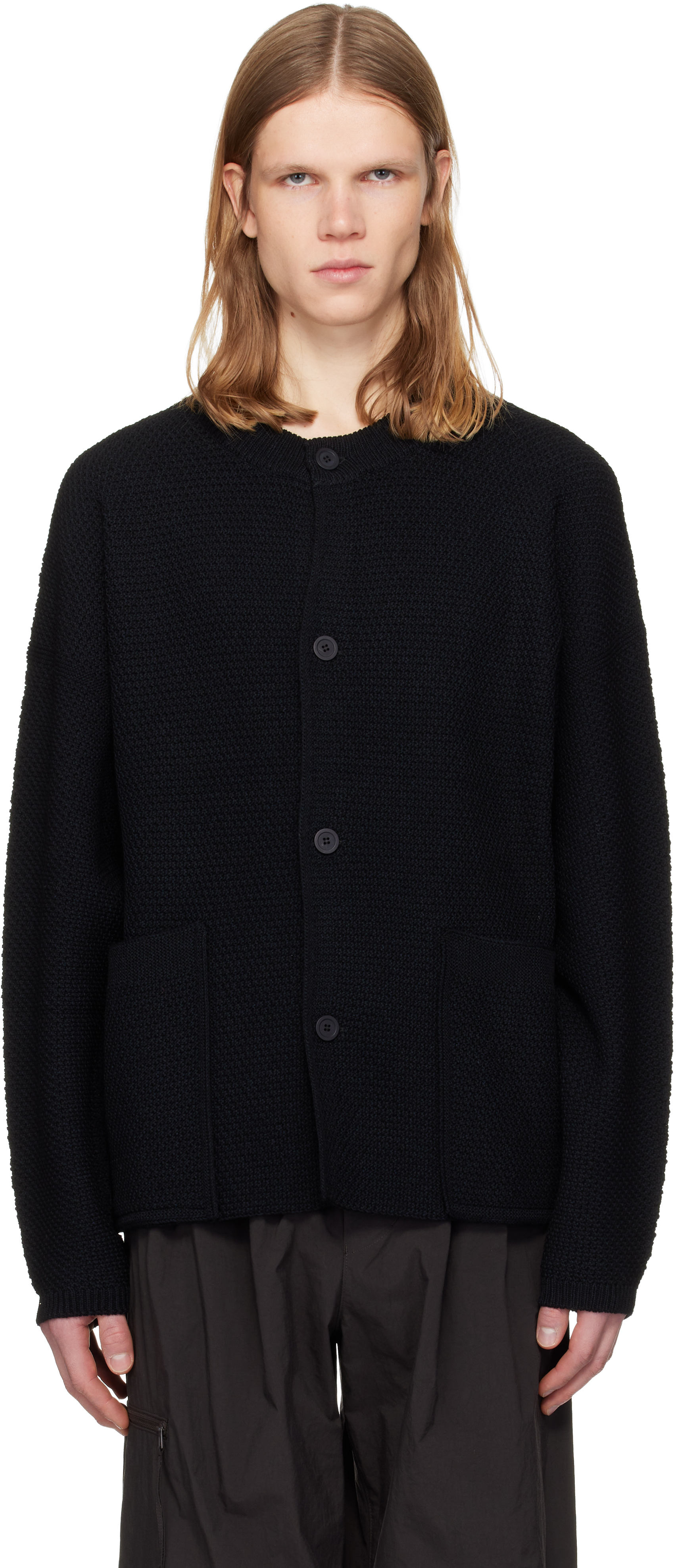 HOMME PLISSÉ ISSEY MIYAKE: Black Rustic Knit October Cardigan