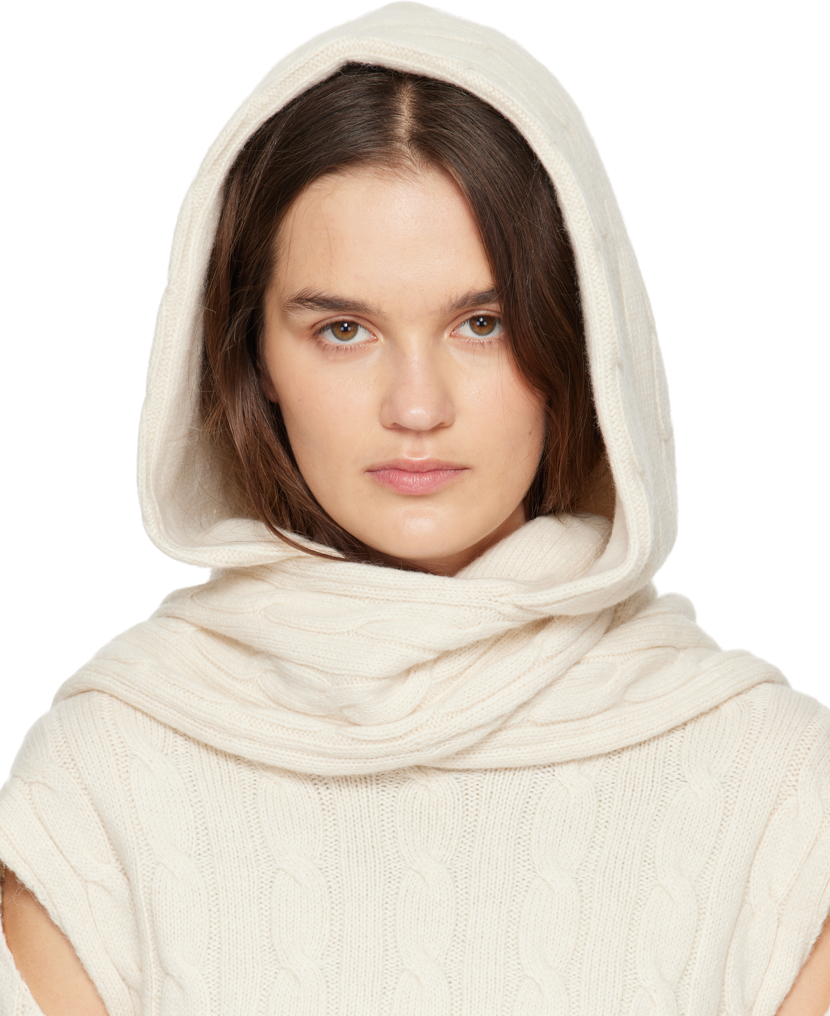 Open Yy Off-white Convertible Cable Knit Hooded Scarf In White