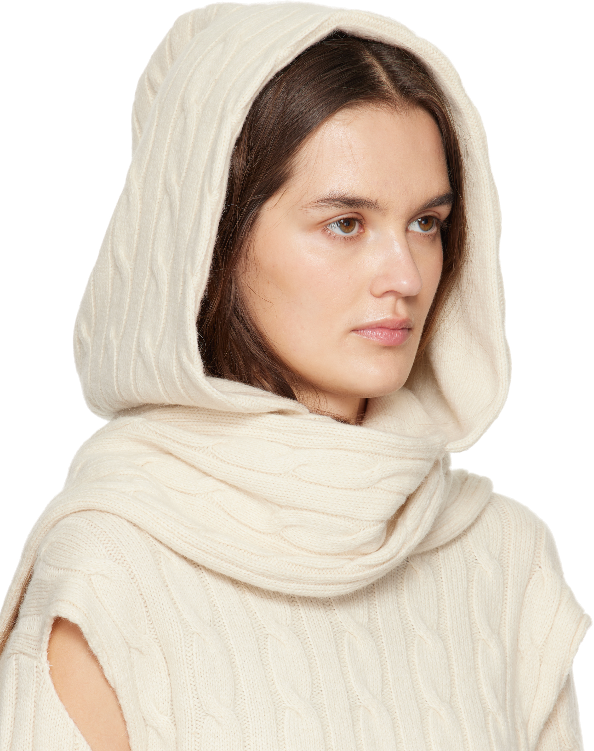 Open Yy Off-white Convertible Cable Knit Hooded Scarf In White