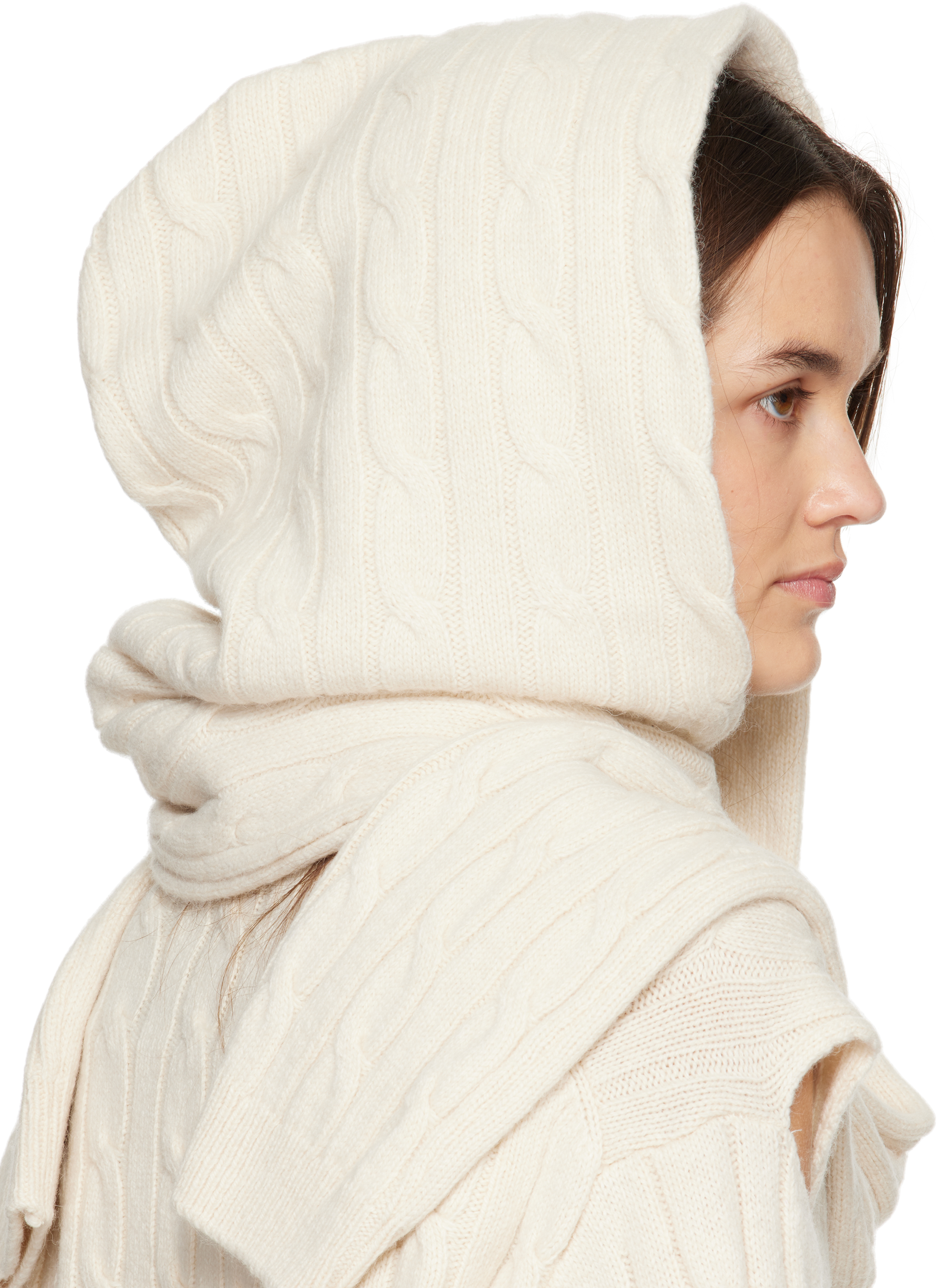 Open Yy Off-white Convertible Cable Knit Hooded Scarf In White