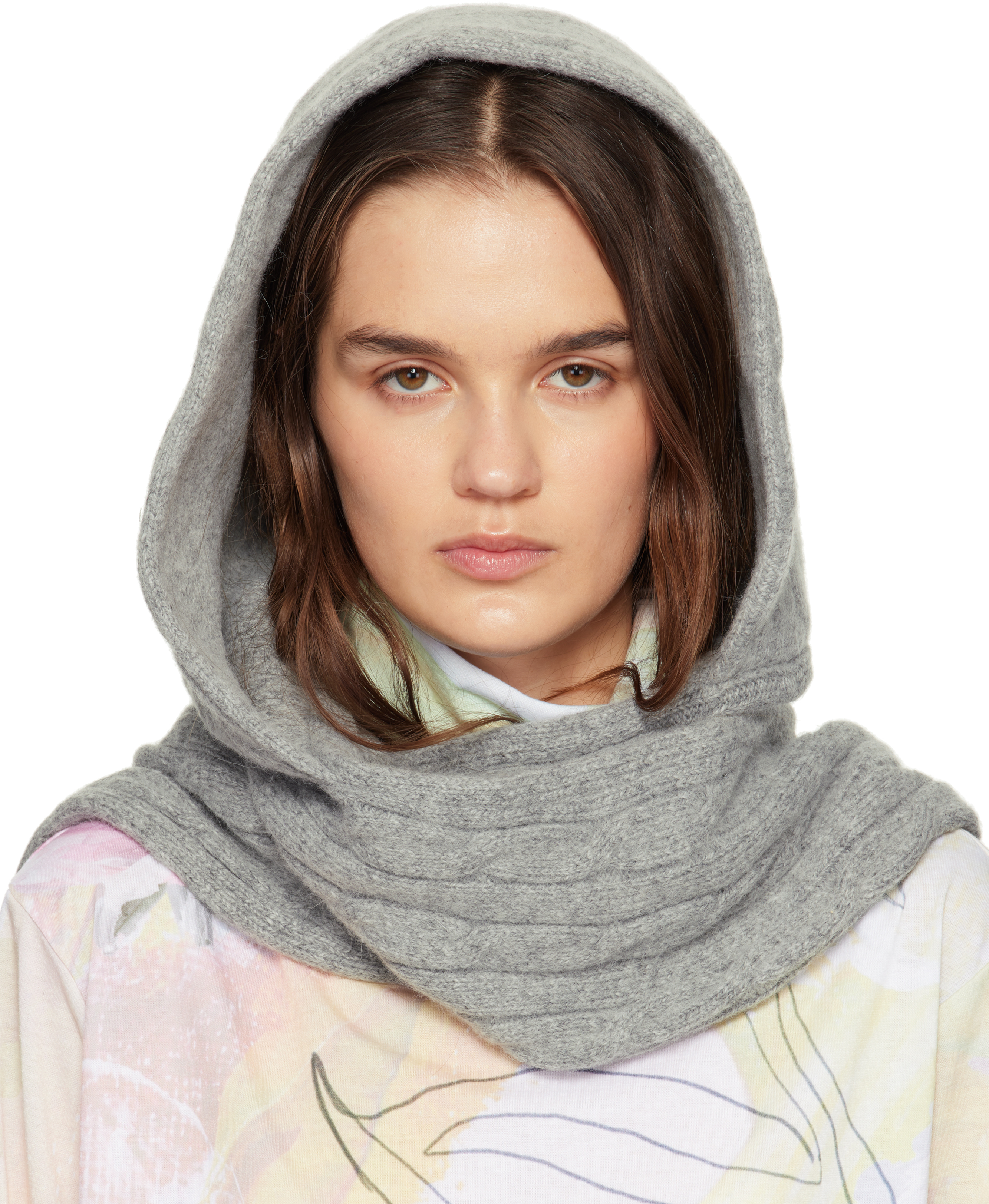 Open Yy Gray Convertible Cable Knit Hooded Scarf In Gray