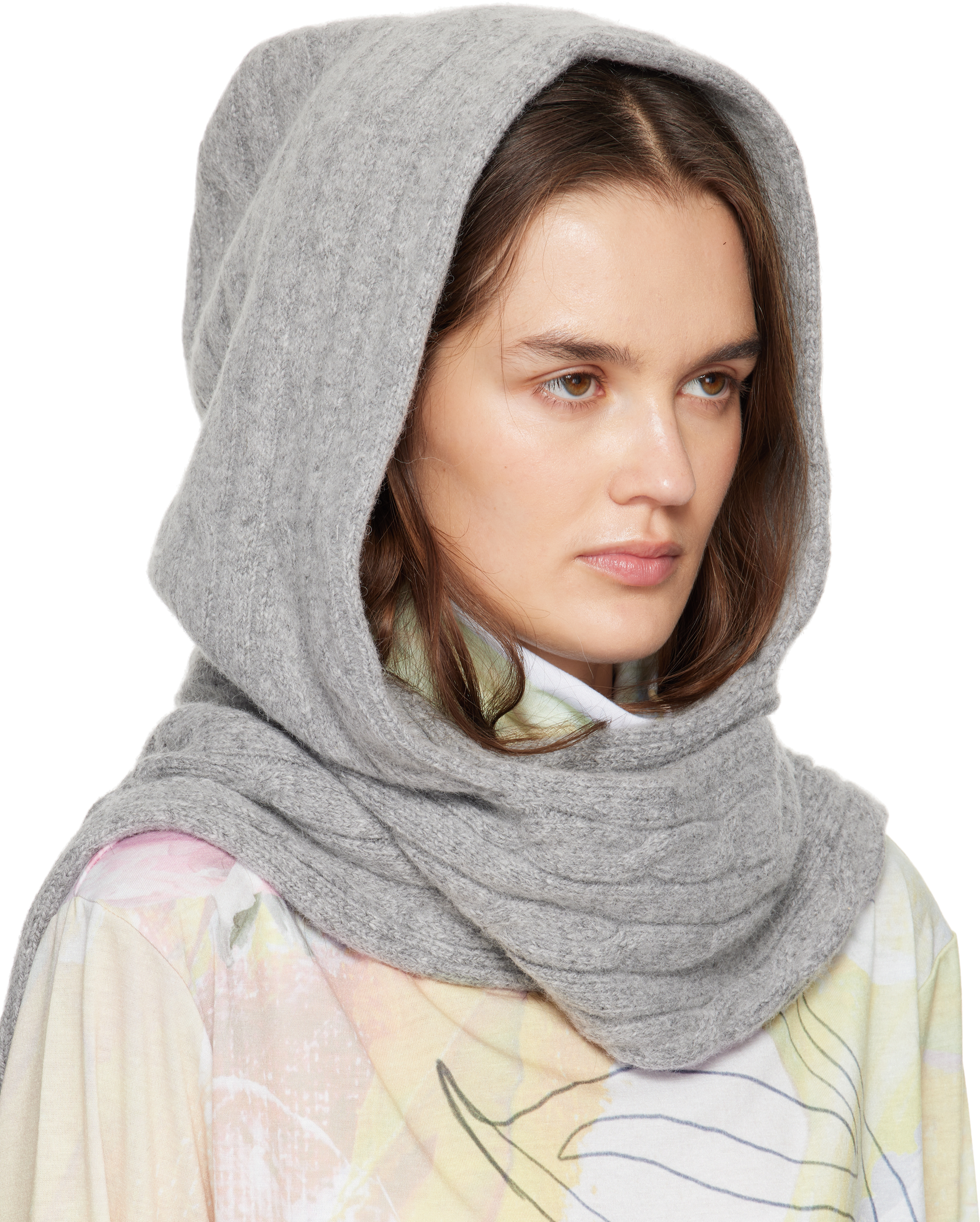 Open Yy Gray Convertible Cable Knit Hooded Scarf In Gray