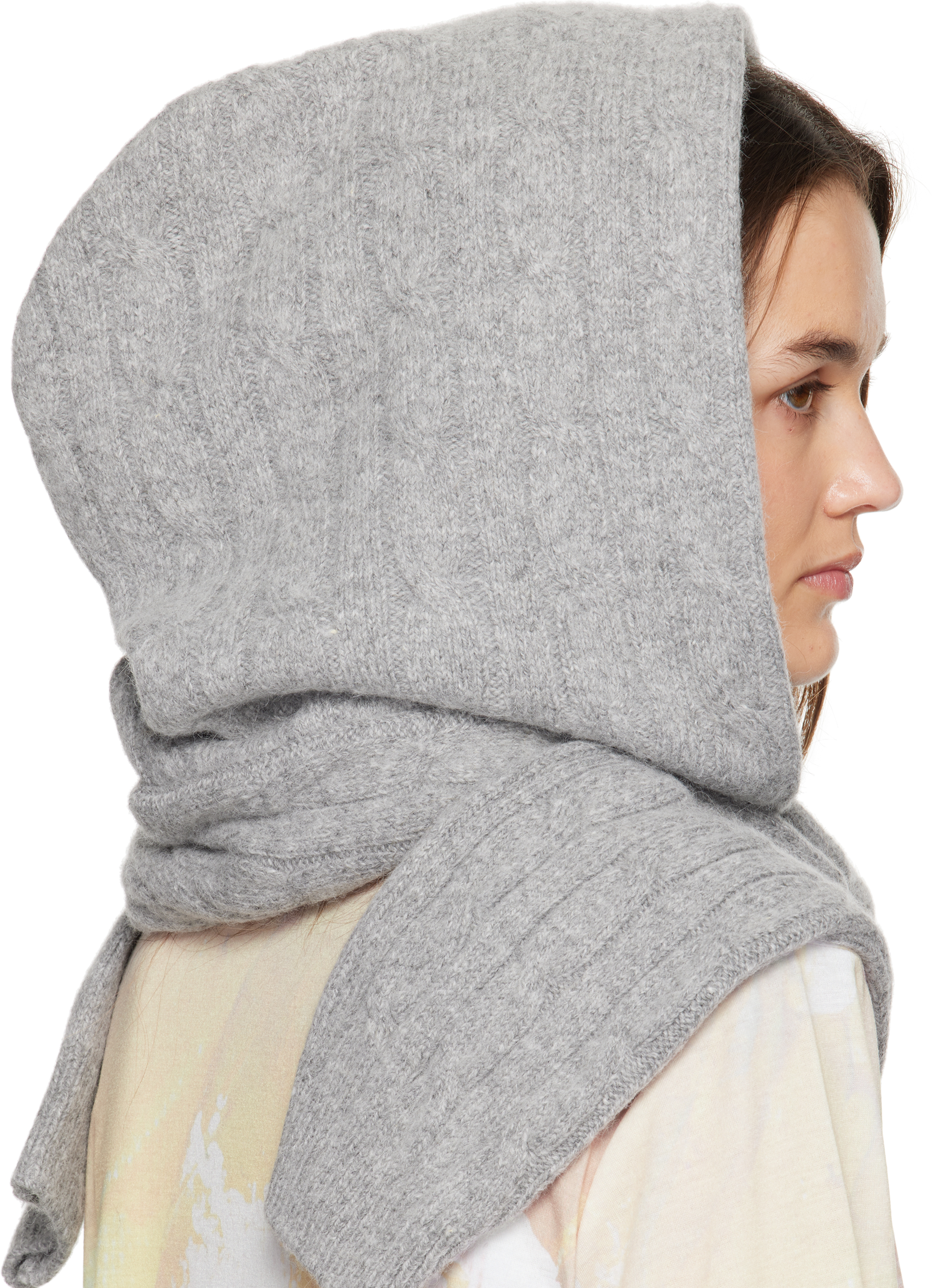 Open Yy Gray Convertible Cable Knit Hooded Scarf In Gray