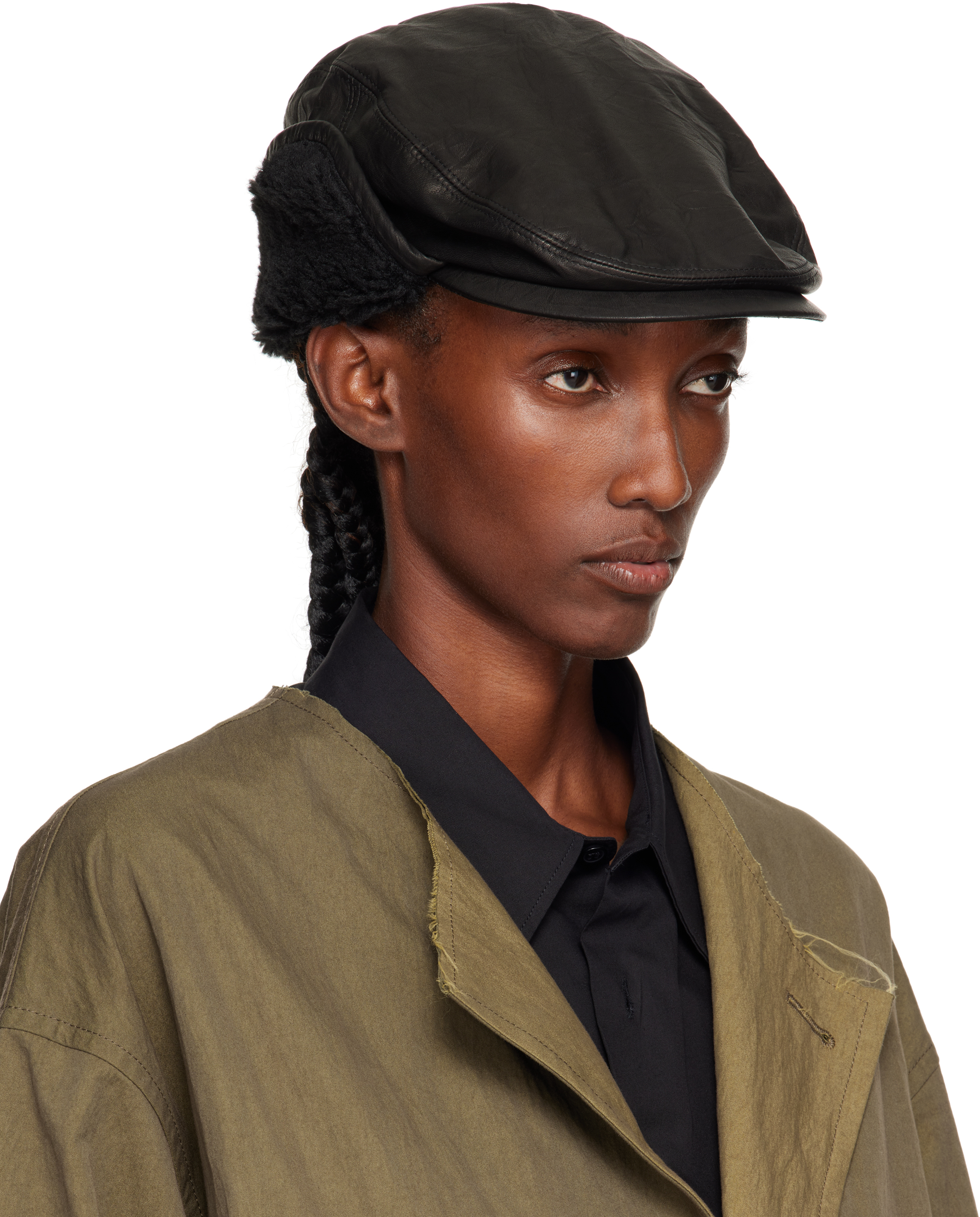 Y's Black Soft Leather Ear Muff Cap In Black