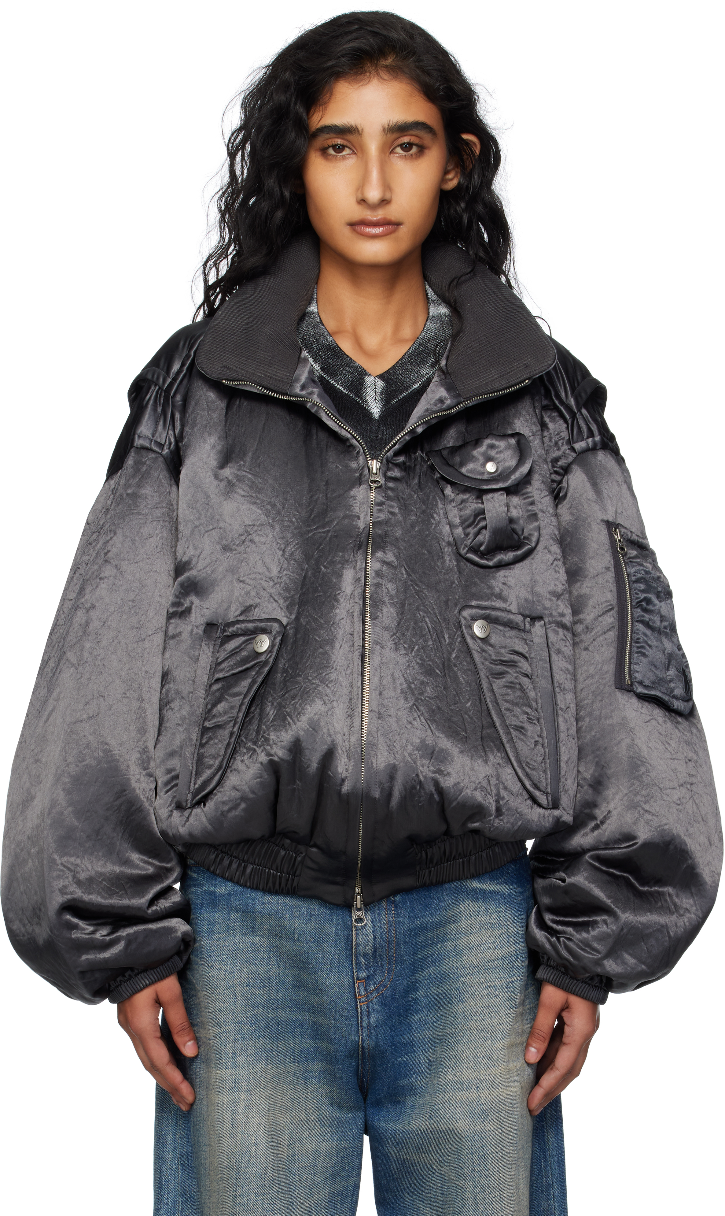 Open Yy Gray Satin Cargo Bomber Jacket In Gray