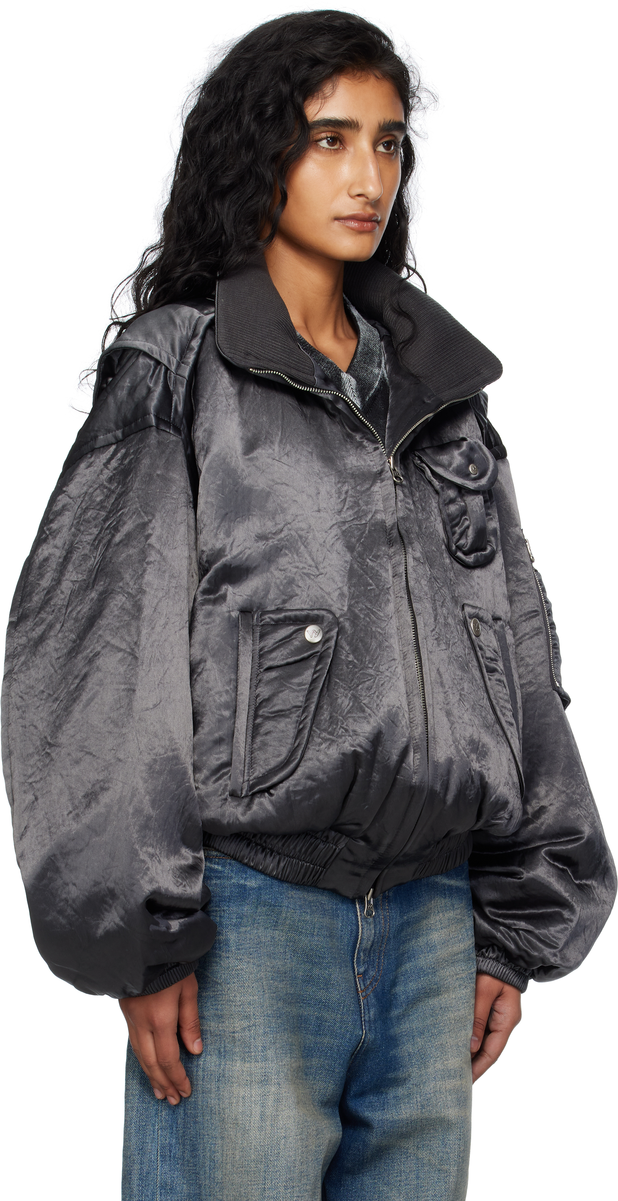 Open Yy Gray Satin Cargo Bomber Jacket In Gray
