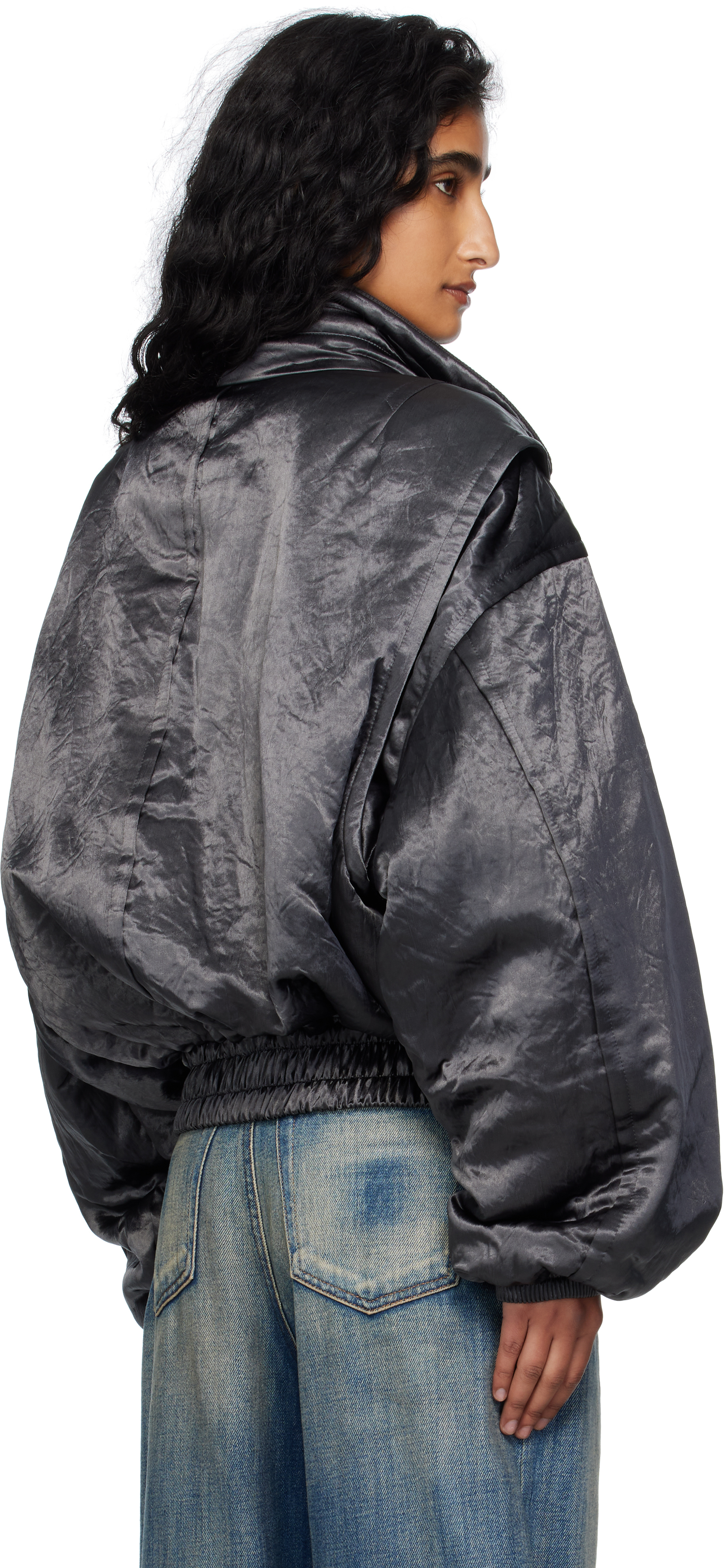 Open Yy Gray Satin Cargo Bomber Jacket In Gray