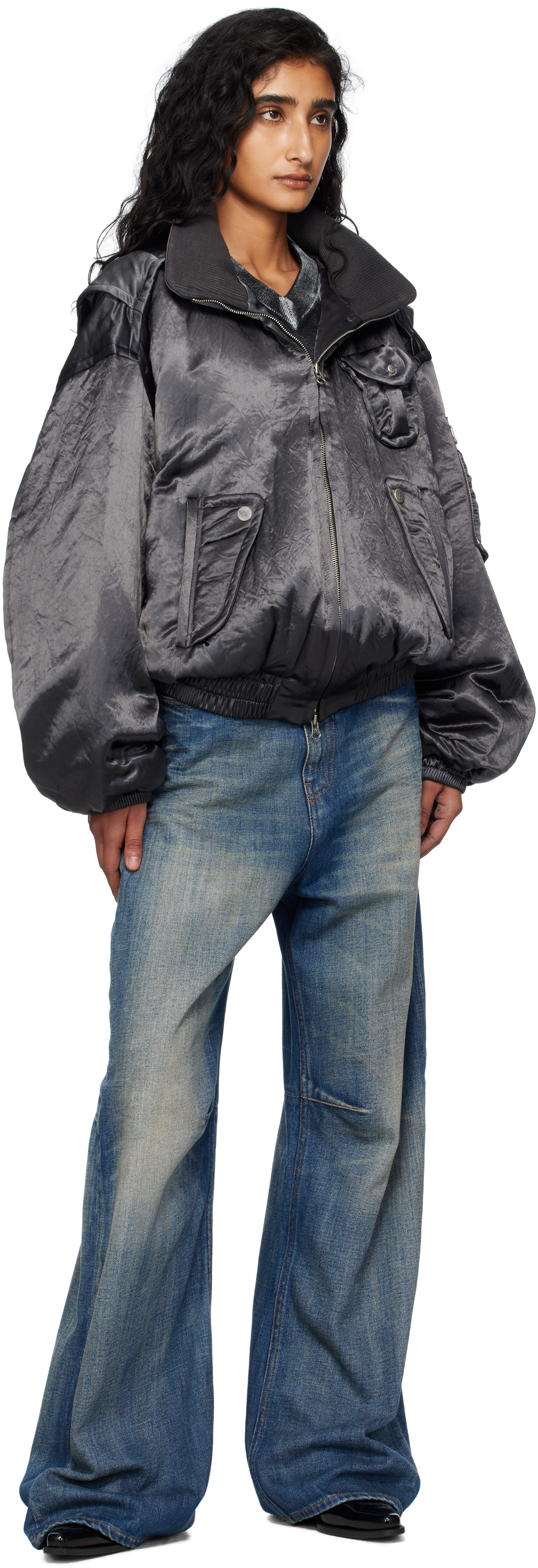 Open Yy Gray Satin Cargo Bomber Jacket In Gray