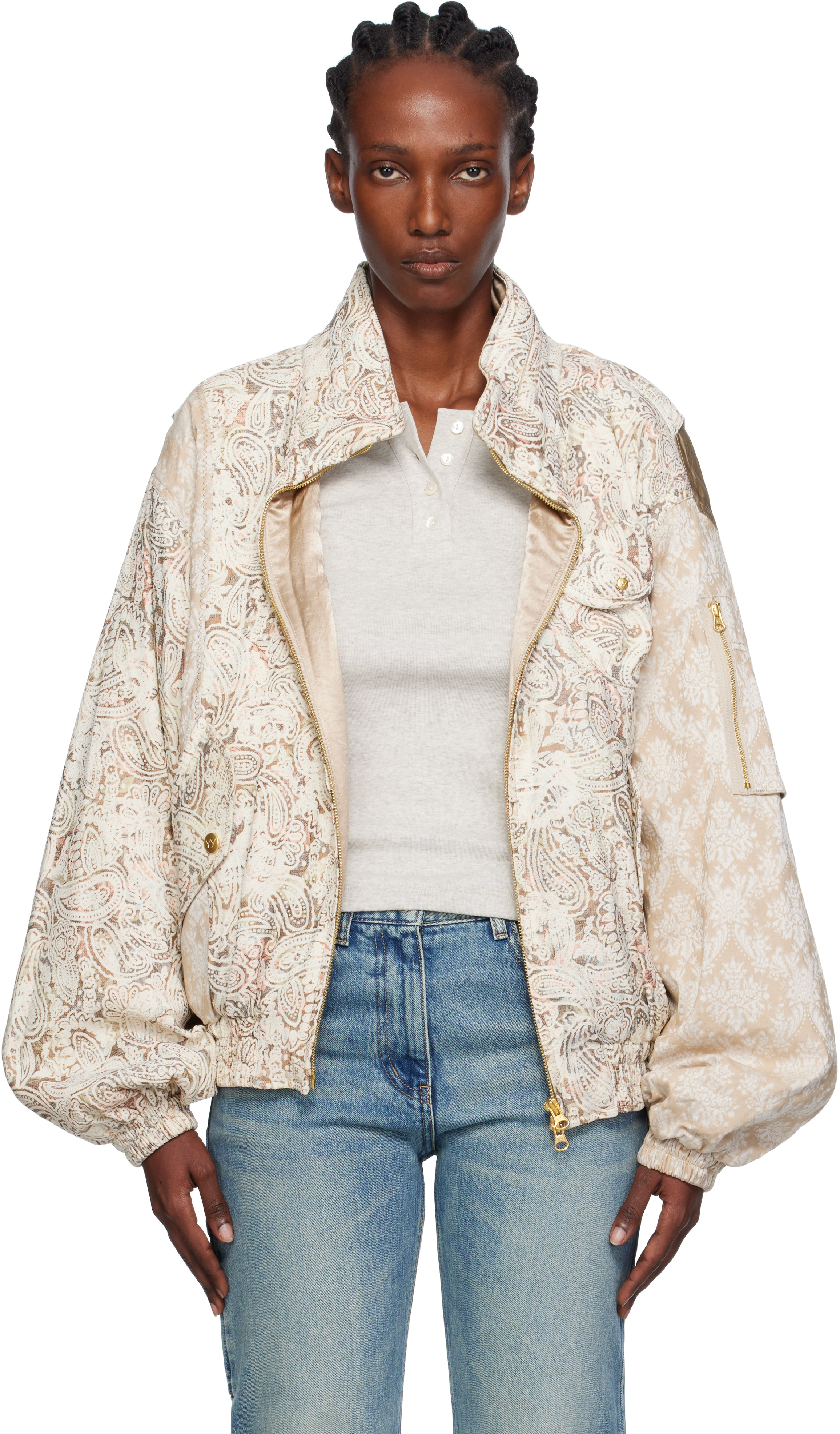 Open Yy Beige Paisley Cargo Bomber Jacket In Neutral