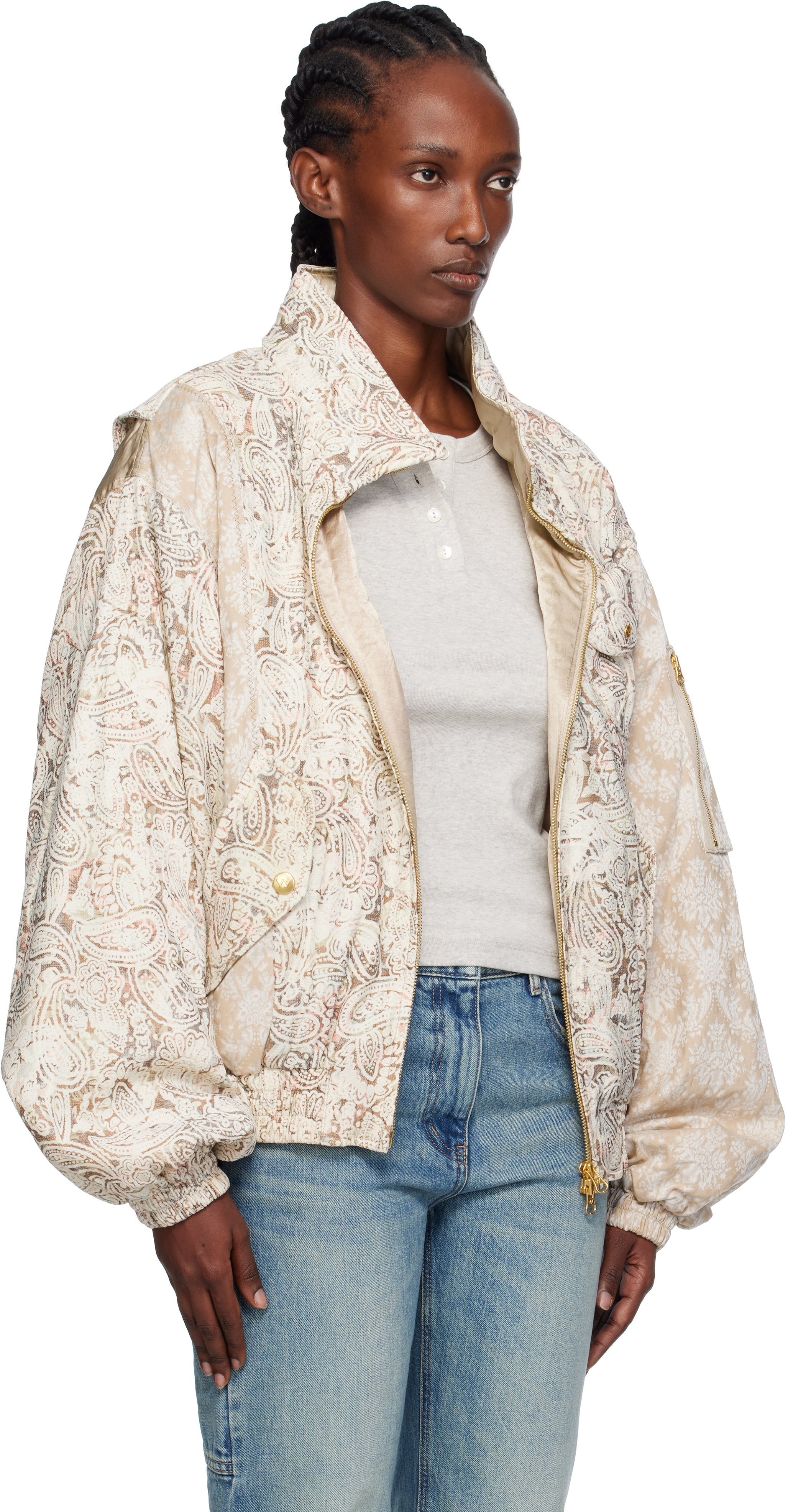 Open Yy Beige Paisley Cargo Bomber Jacket In Neutral