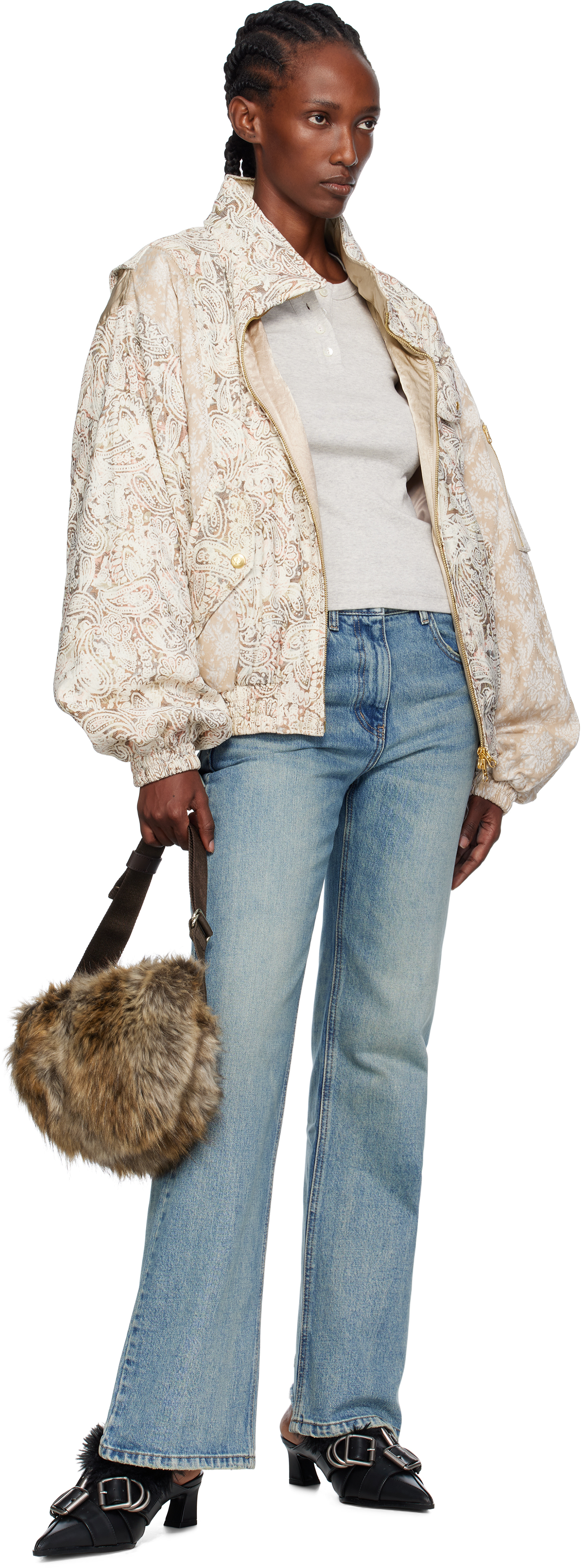 Open Yy Beige Paisley Cargo Bomber Jacket In Neutral