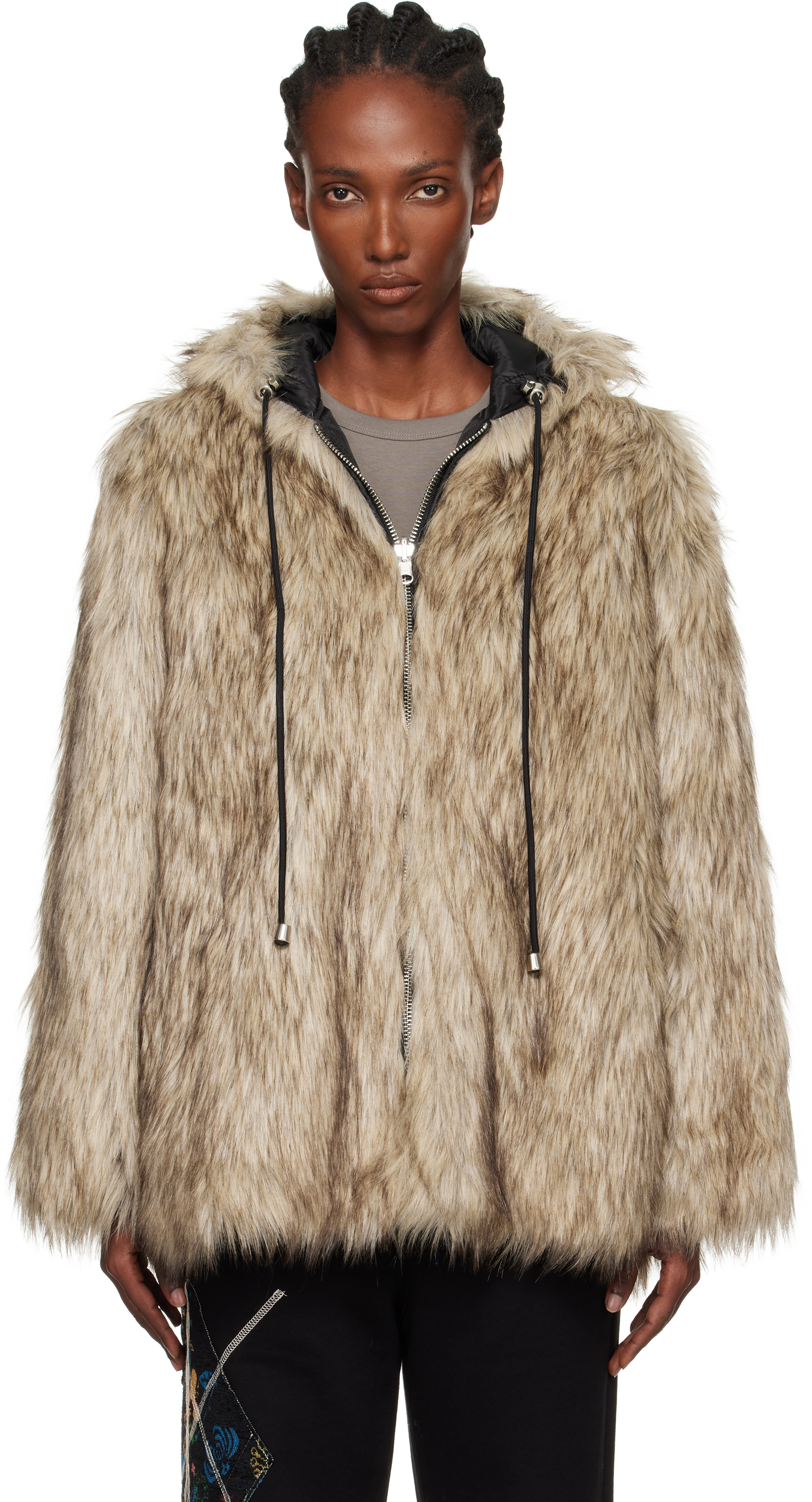 Open Yy Beige & Black Hood Reversible Faux-fur Jacket In Multi