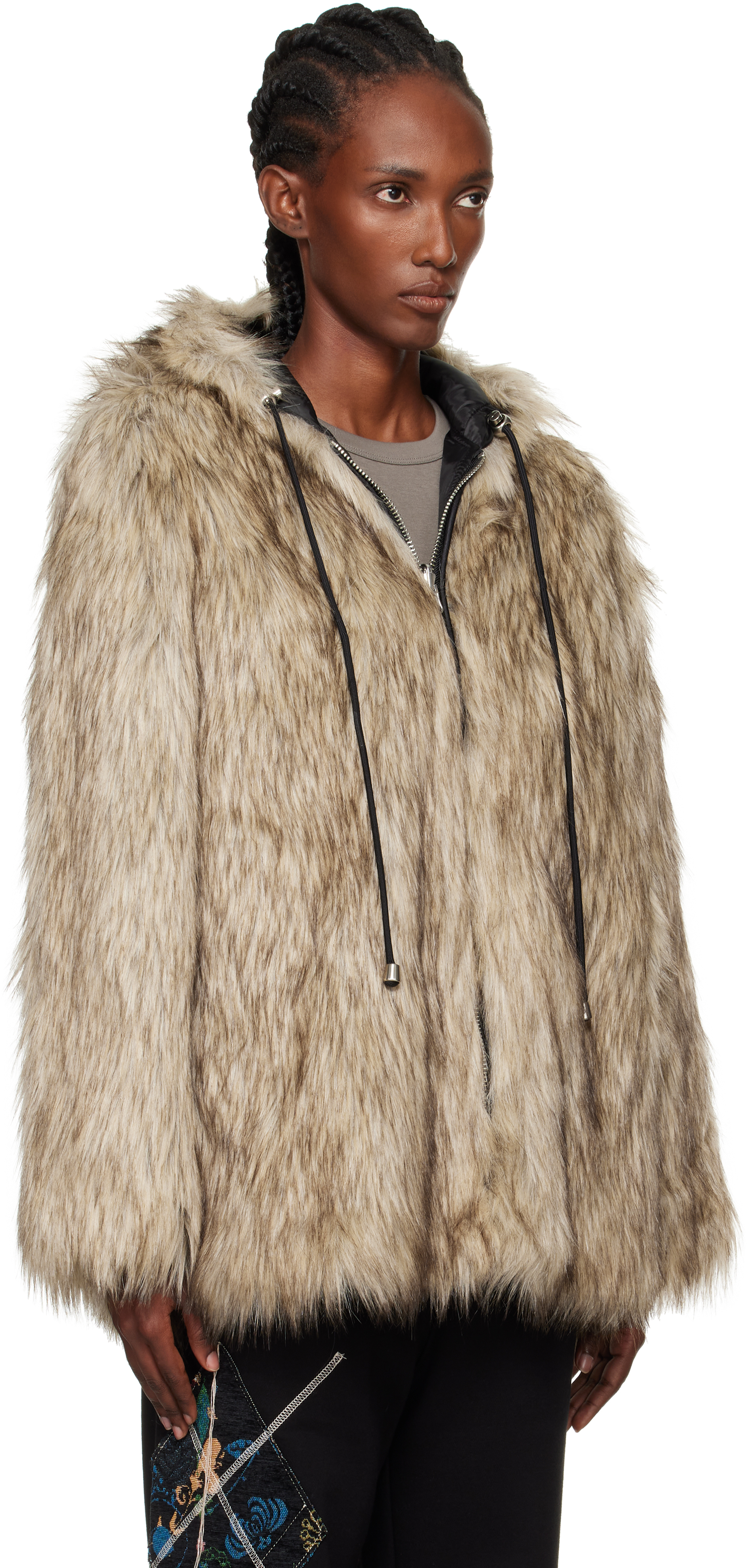 Open Yy Beige & Black Hood Reversible Faux-fur Jacket In Multi