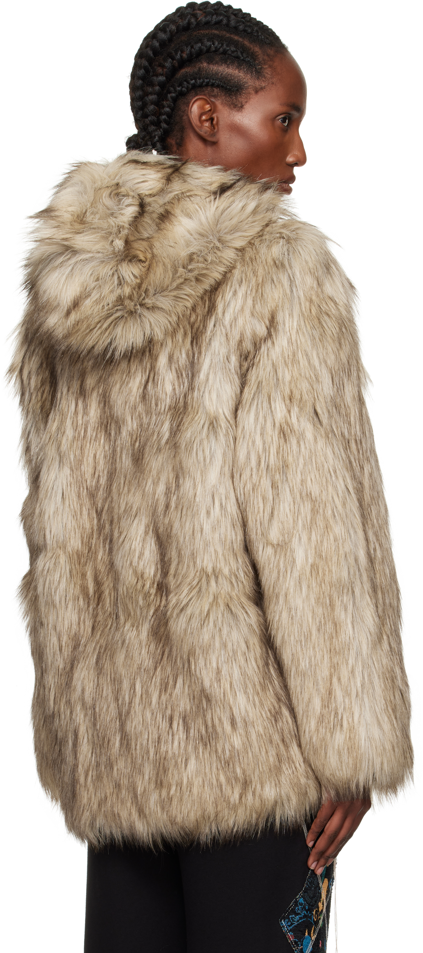 Open Yy Beige & Black Hood Reversible Faux-fur Jacket In Multi
