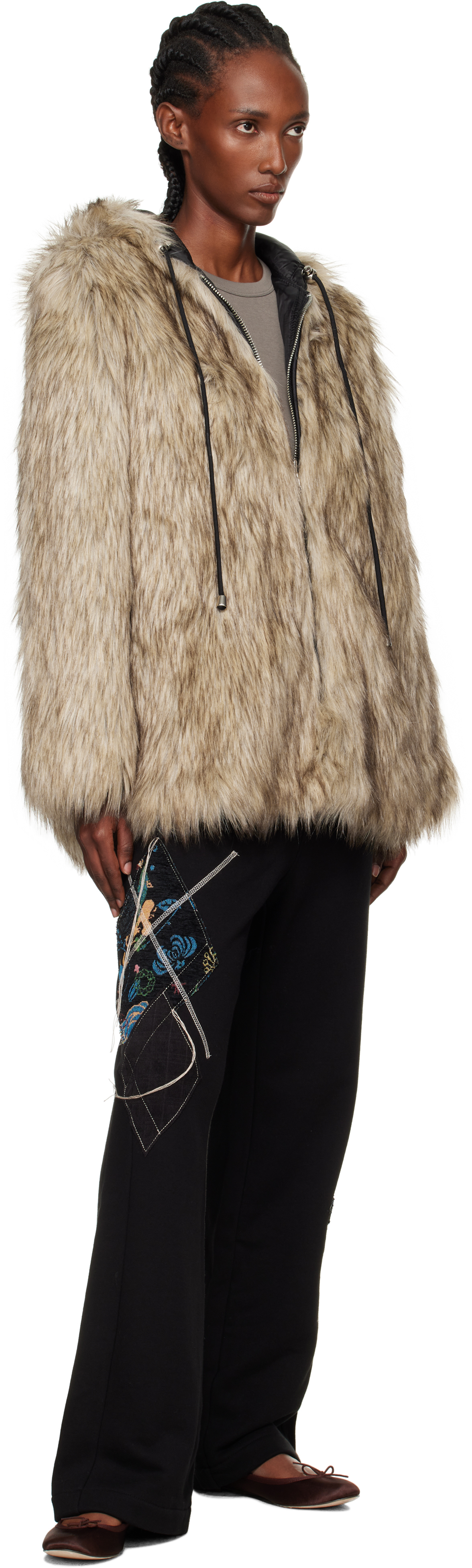 Open Yy Beige & Black Hood Reversible Faux-fur Jacket In Multi